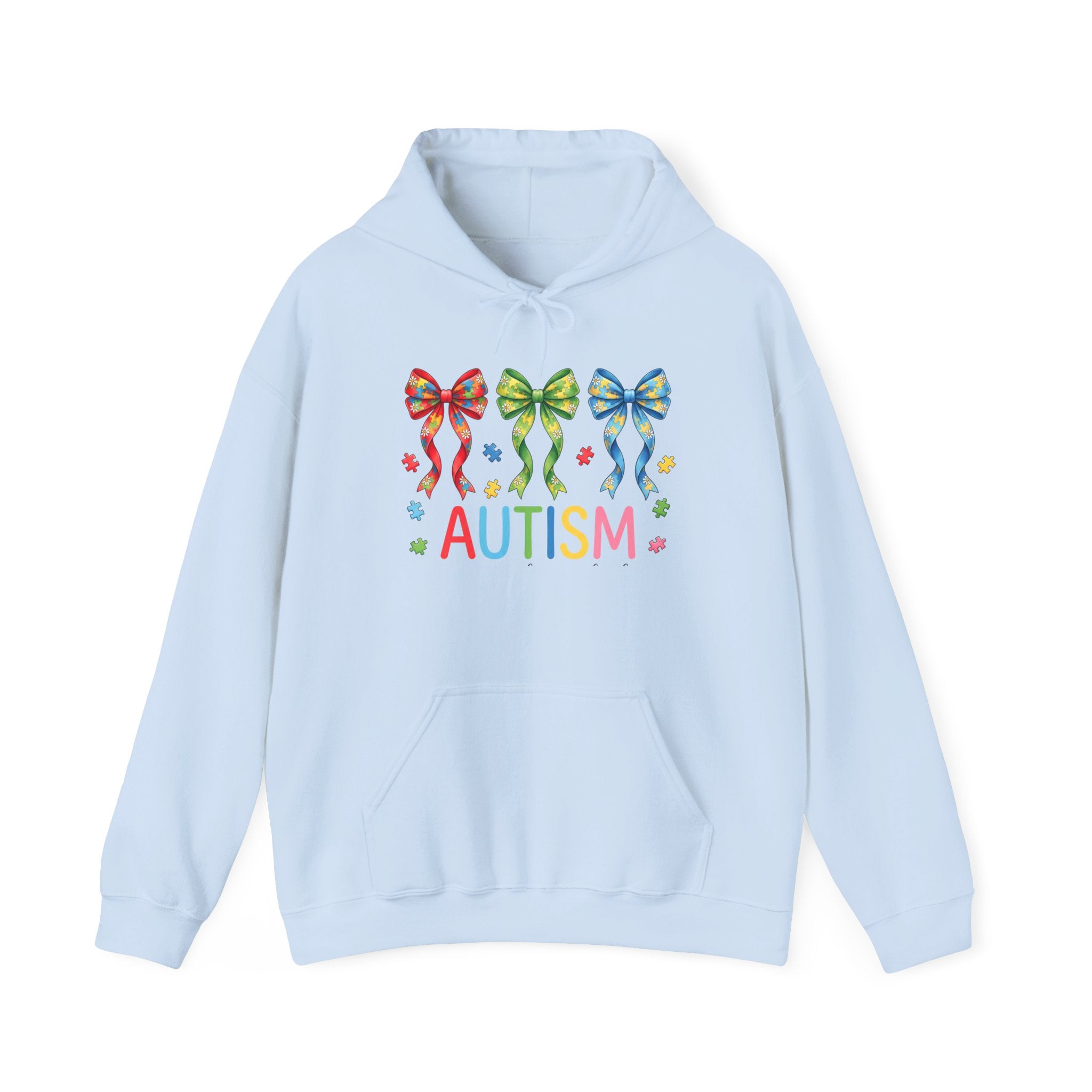 Autism Awareness Hoodie — Rainbow Puzzle Bows Design