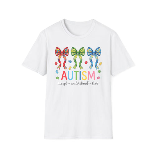 Autism Awareness T-Shirt — "Autism: Accept • Understand • Love" with Colorful Ribbon Bows