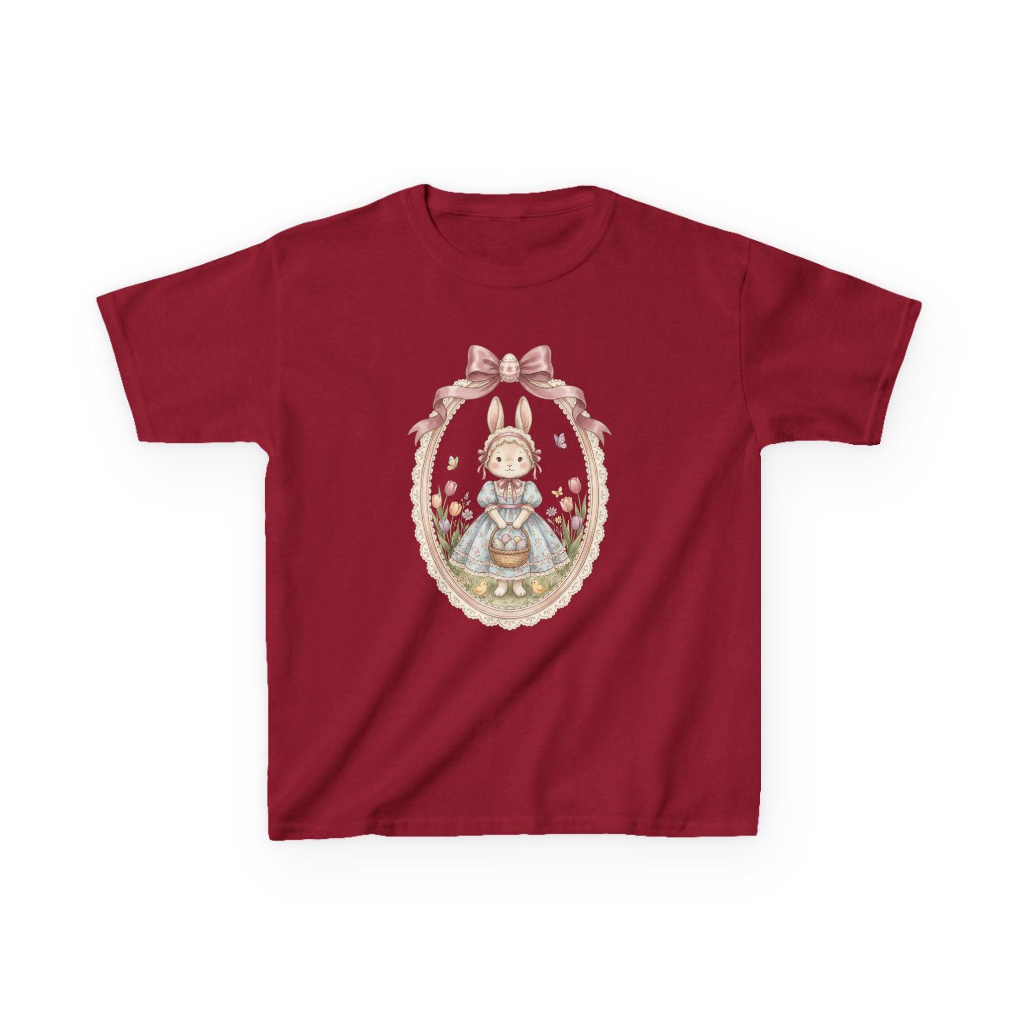 Kids T-Shirt — Vintage Bunny Girl Oval Portrait Tee (Pastel Floral, Bow Accent)