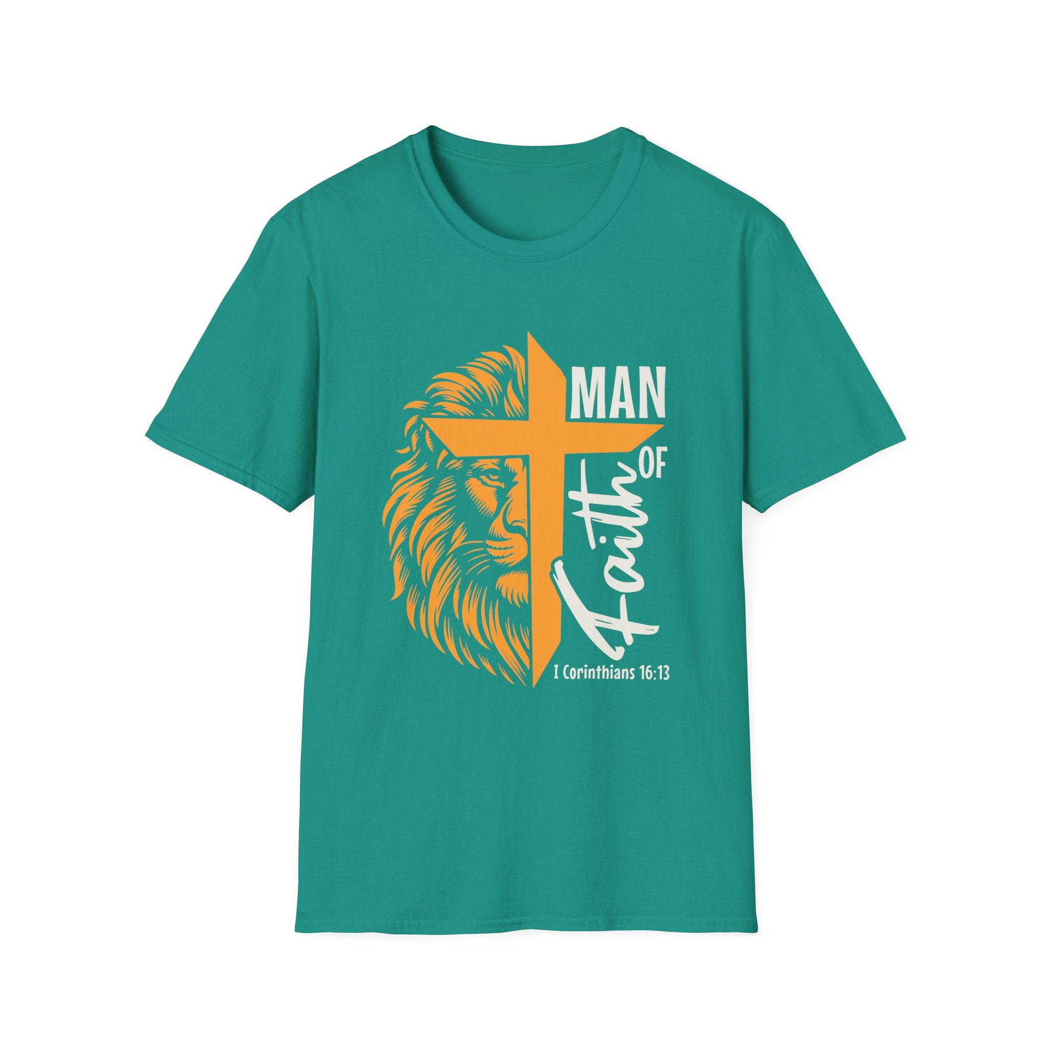 Man of Faith T-Shirt — Lion & Cross Christian Tee (1 Corinthians 16:13)