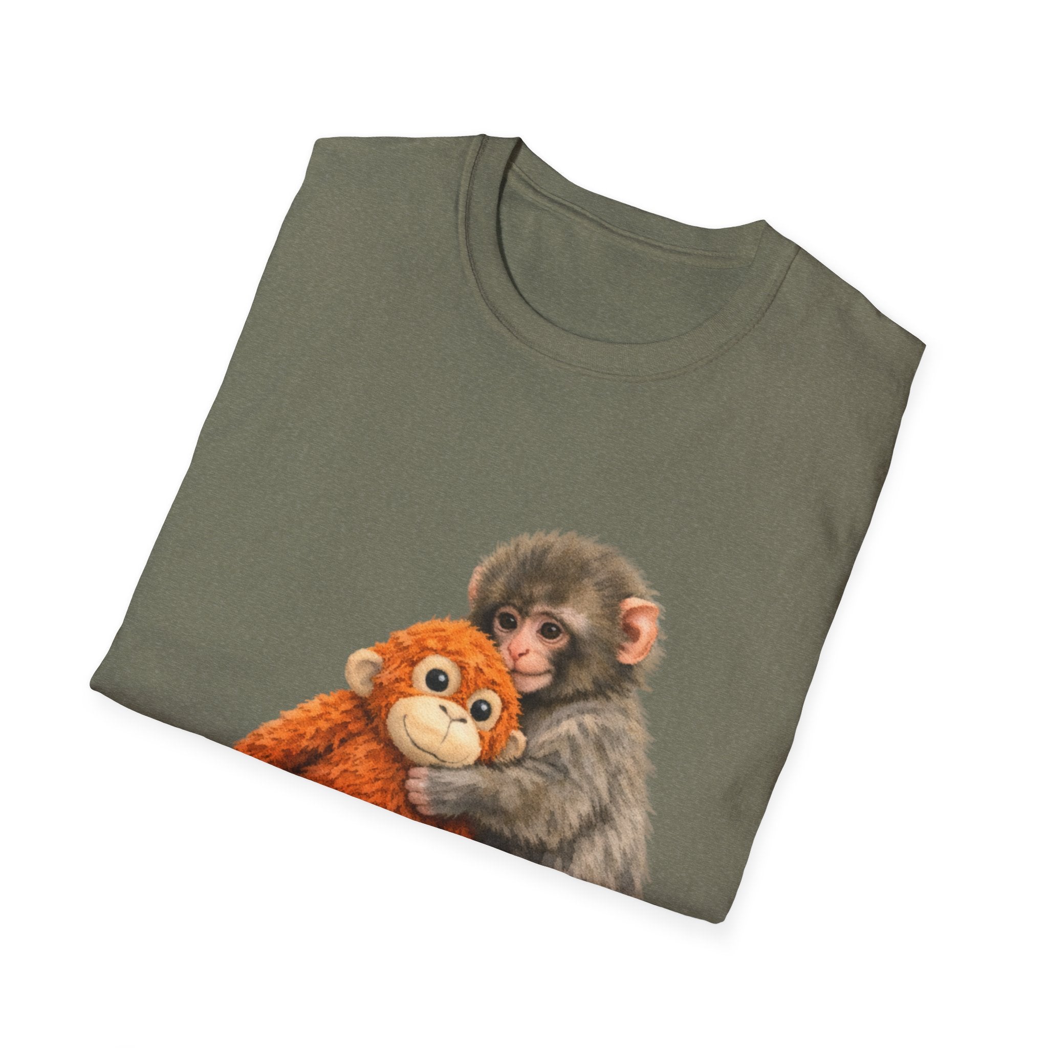 Chimpanzee with Stuffed Monkey T‑Shirt — Cute Baby Ape Holding Plush Tee