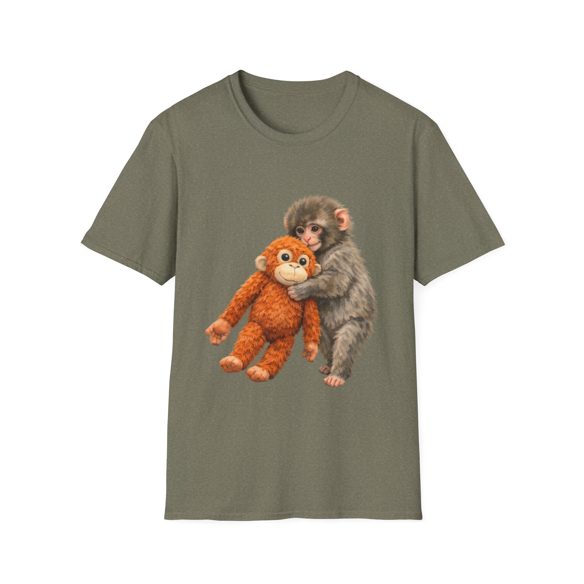Chimpanzee with Stuffed Monkey T‑Shirt — Cute Baby Ape Holding Plush Tee