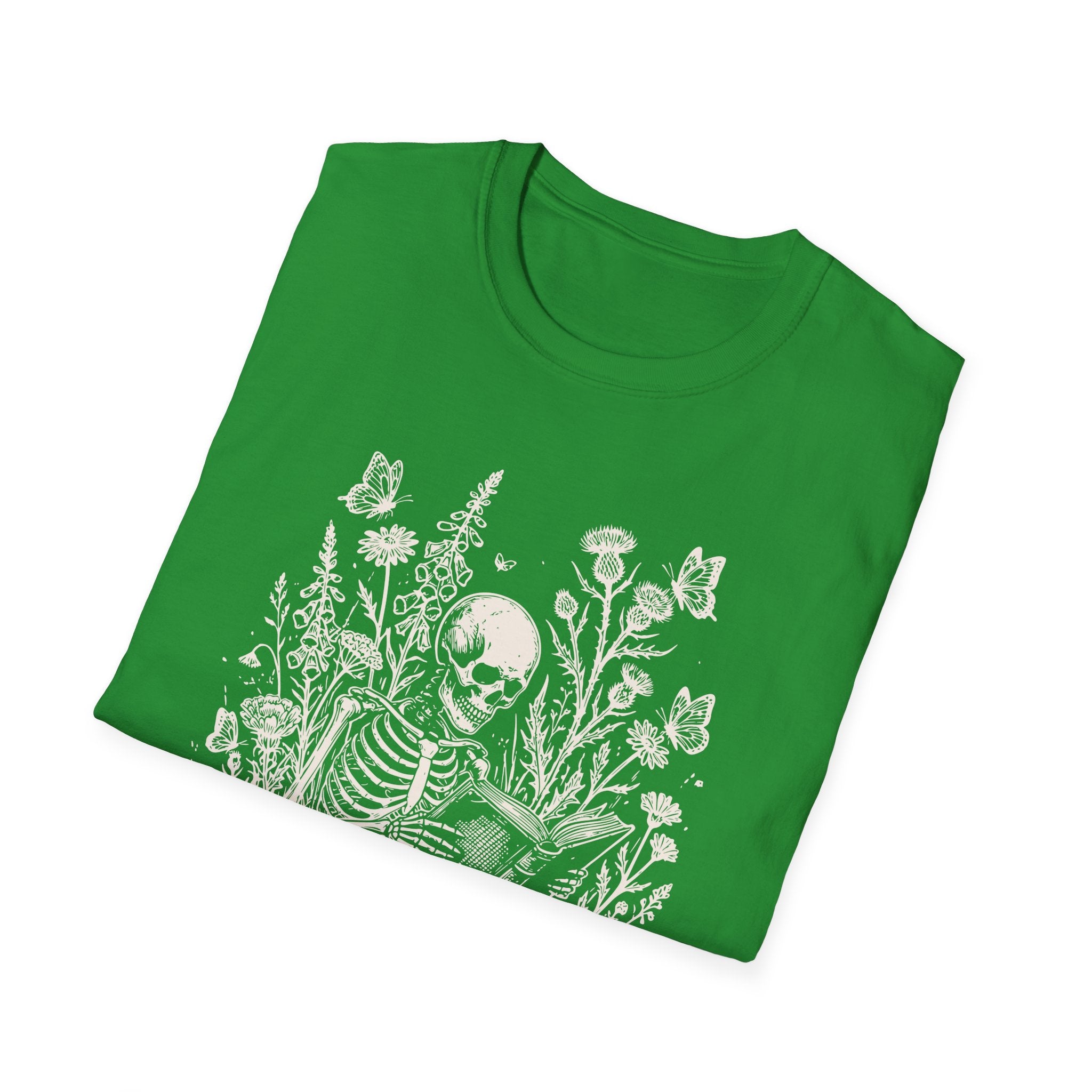Skeleton Reading in Wildflowers T-Shirt — Gothic Floral Skull Tee