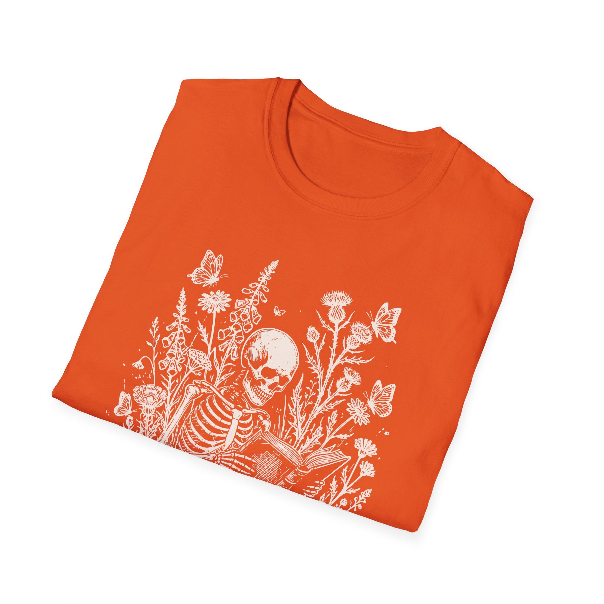 Skeleton Reading in Wildflowers T-Shirt — Gothic Floral Skull Tee