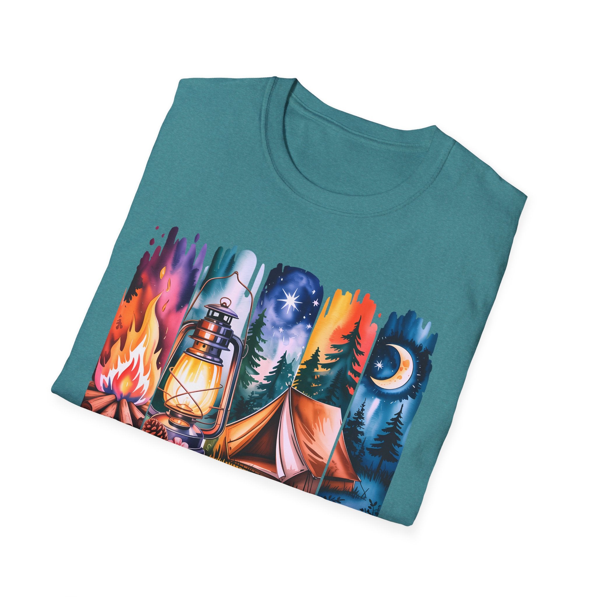 Camping Mode T-Shirt — Watercolor Campfire Lantern Tent Graphic Tee