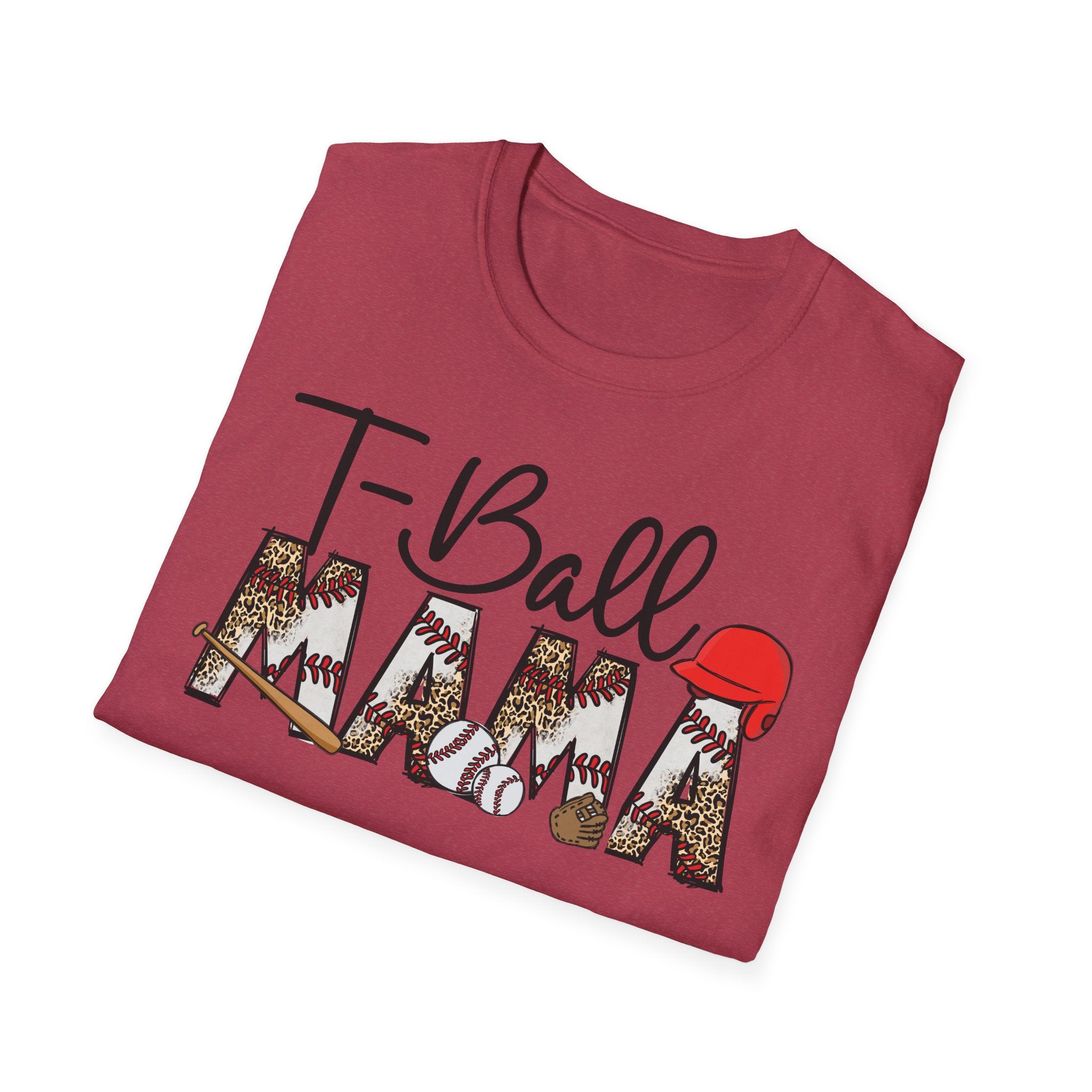 T‑Ball Mama T-Shirt — Leopard Print 'Mama' with Red Cap, Cute Sports Mom Tee