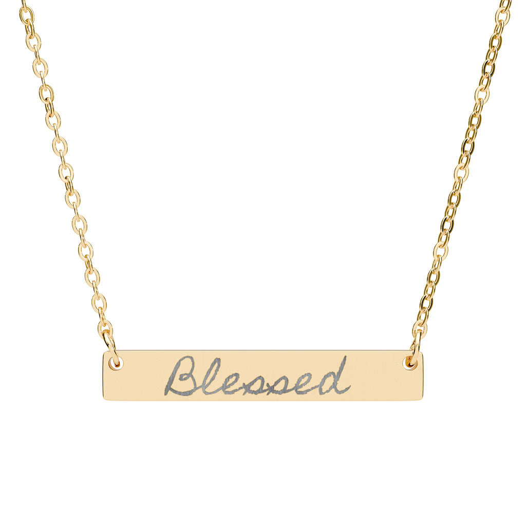 Blessed Engraved Bar Necklace — Personalized Horizontal Nameplate Jewelry (Silver or Rose Gold)