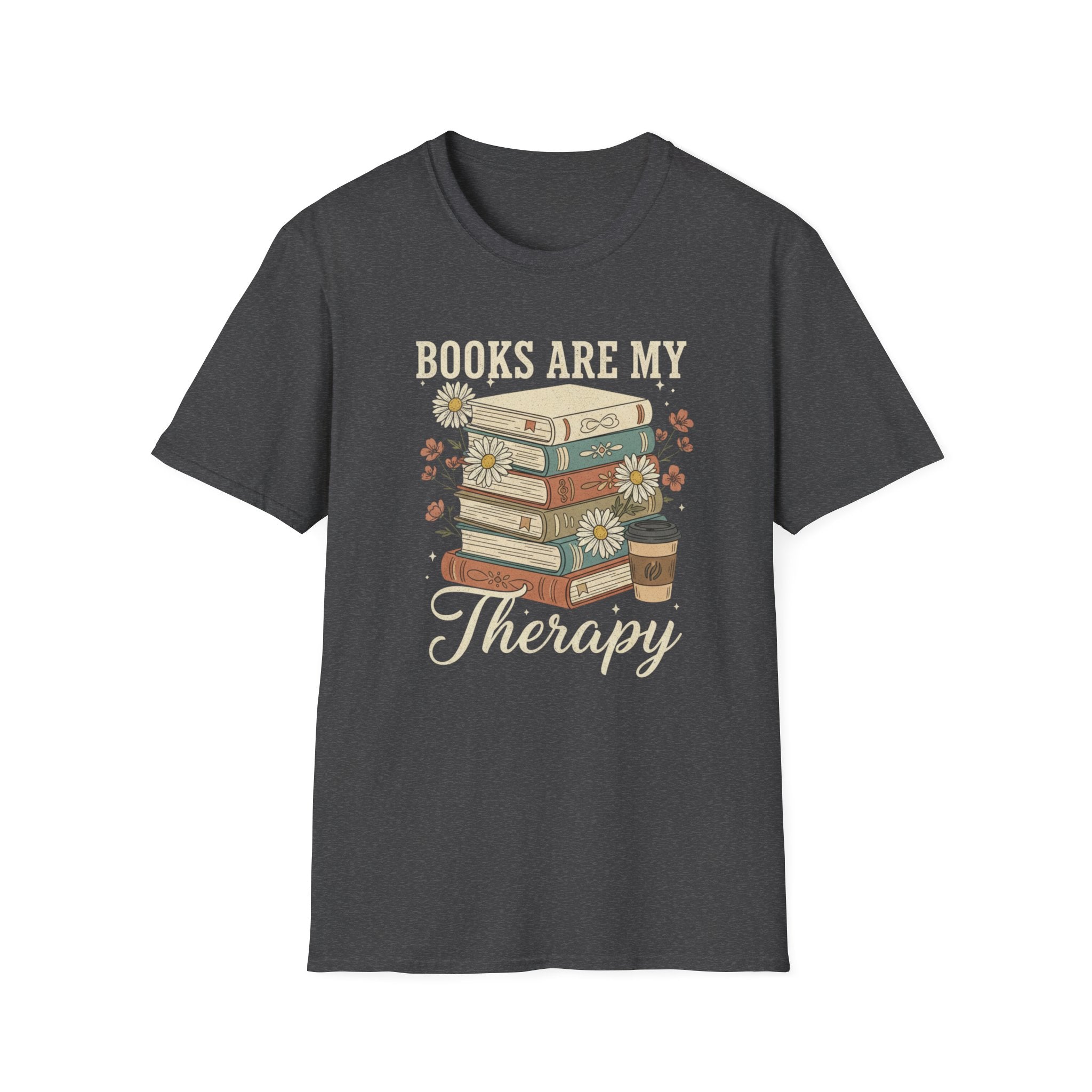 Books Are My Therapy T-Shirt — Stack of Books & Coffee Literary Tee