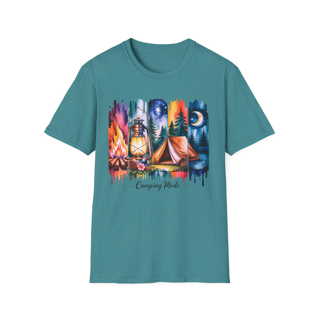 Camping Mode T-Shirt — Watercolor Campfire Lantern Tent Graphic Tee