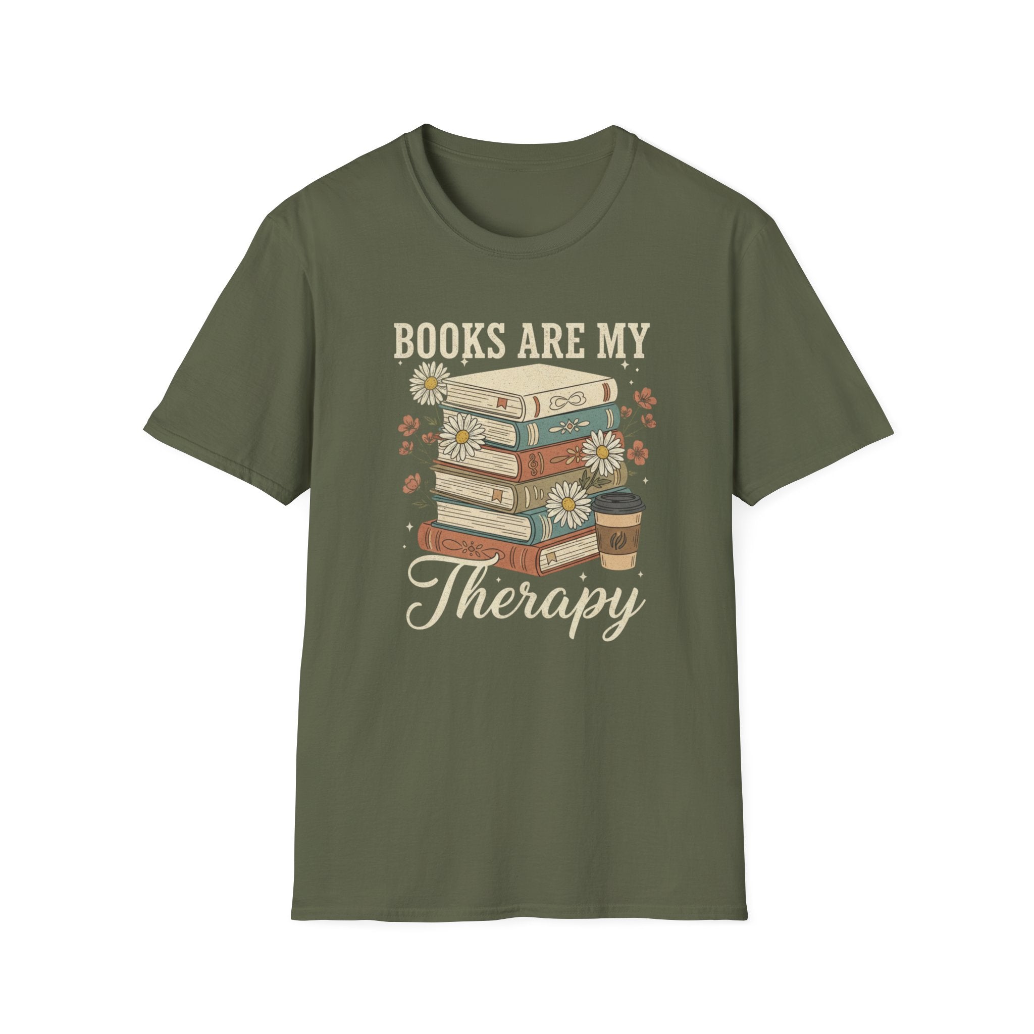 Books Are My Therapy T-Shirt — Stack of Books & Coffee Literary Tee