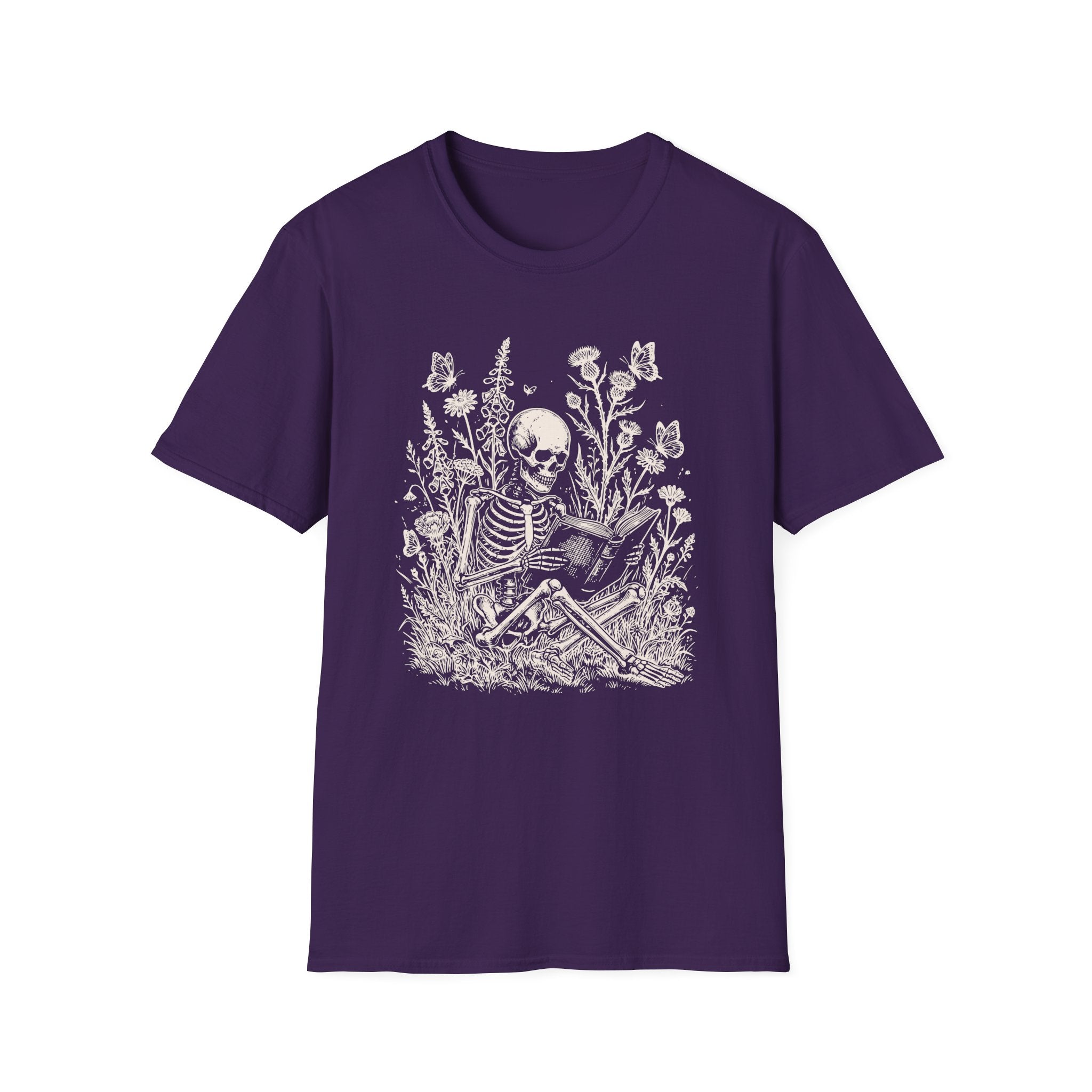 Skeleton Reading in Wildflowers T-Shirt — Gothic Floral Skull Tee