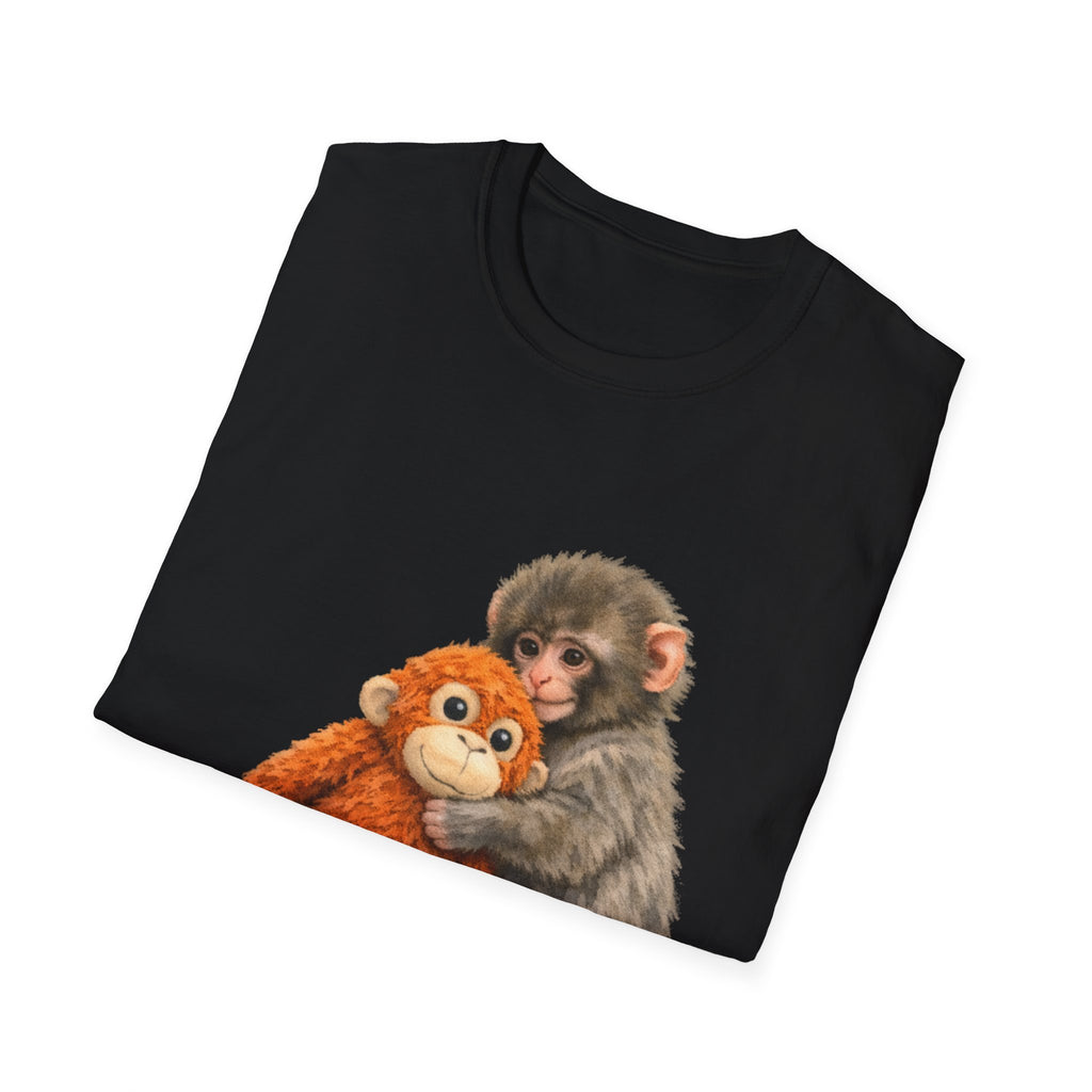 Chimpanzee with Stuffed Monkey T‑Shirt — Cute Baby Ape Holding Plush Tee