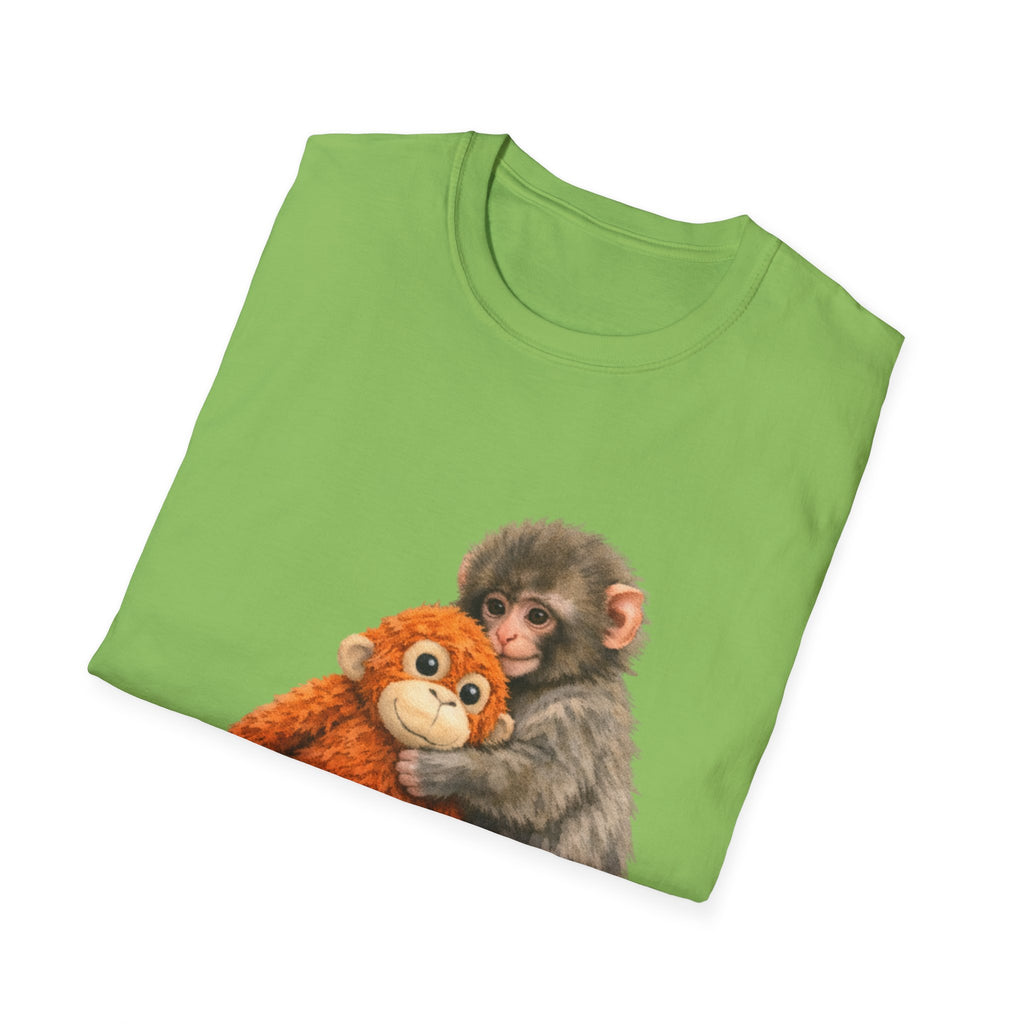 Chimpanzee with Stuffed Monkey T‑Shirt — Cute Baby Ape Holding Plush Tee