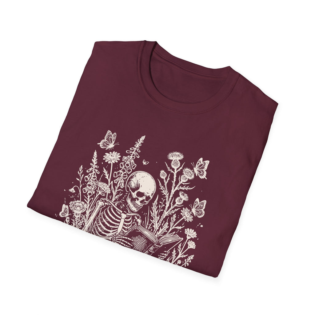 Skeleton Reading in Wildflowers T-Shirt — Gothic Floral Skull Tee