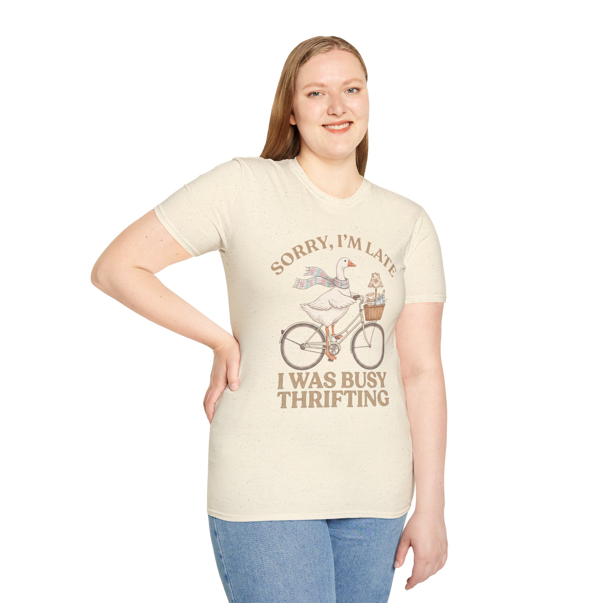 Thrifting Goose T‑Shirt — "Sorry I'm Late I Was Busy Thrifting" Vintage Bike Design