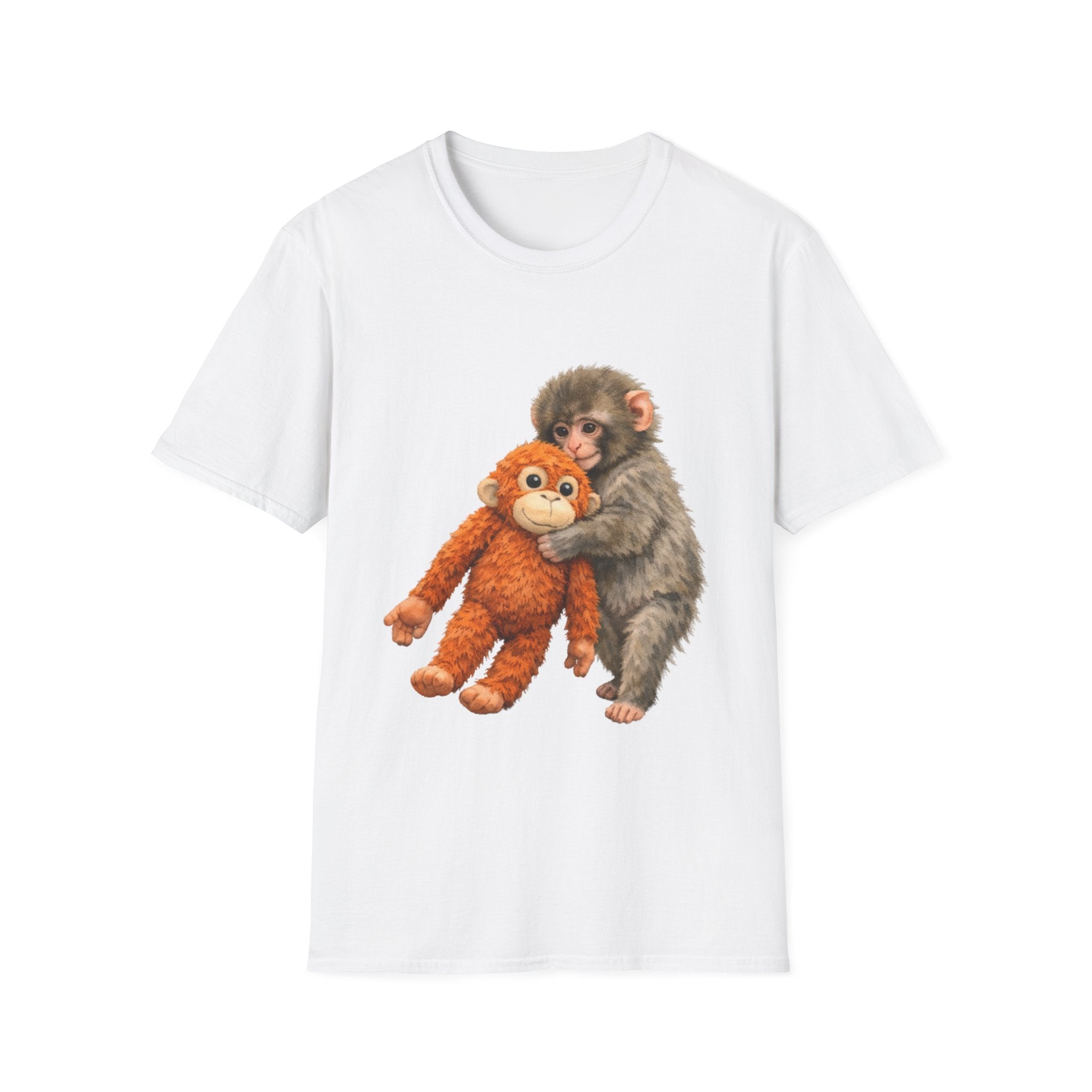 Chimpanzee with Stuffed Monkey T‑Shirt — Cute Baby Ape Holding Plush Tee