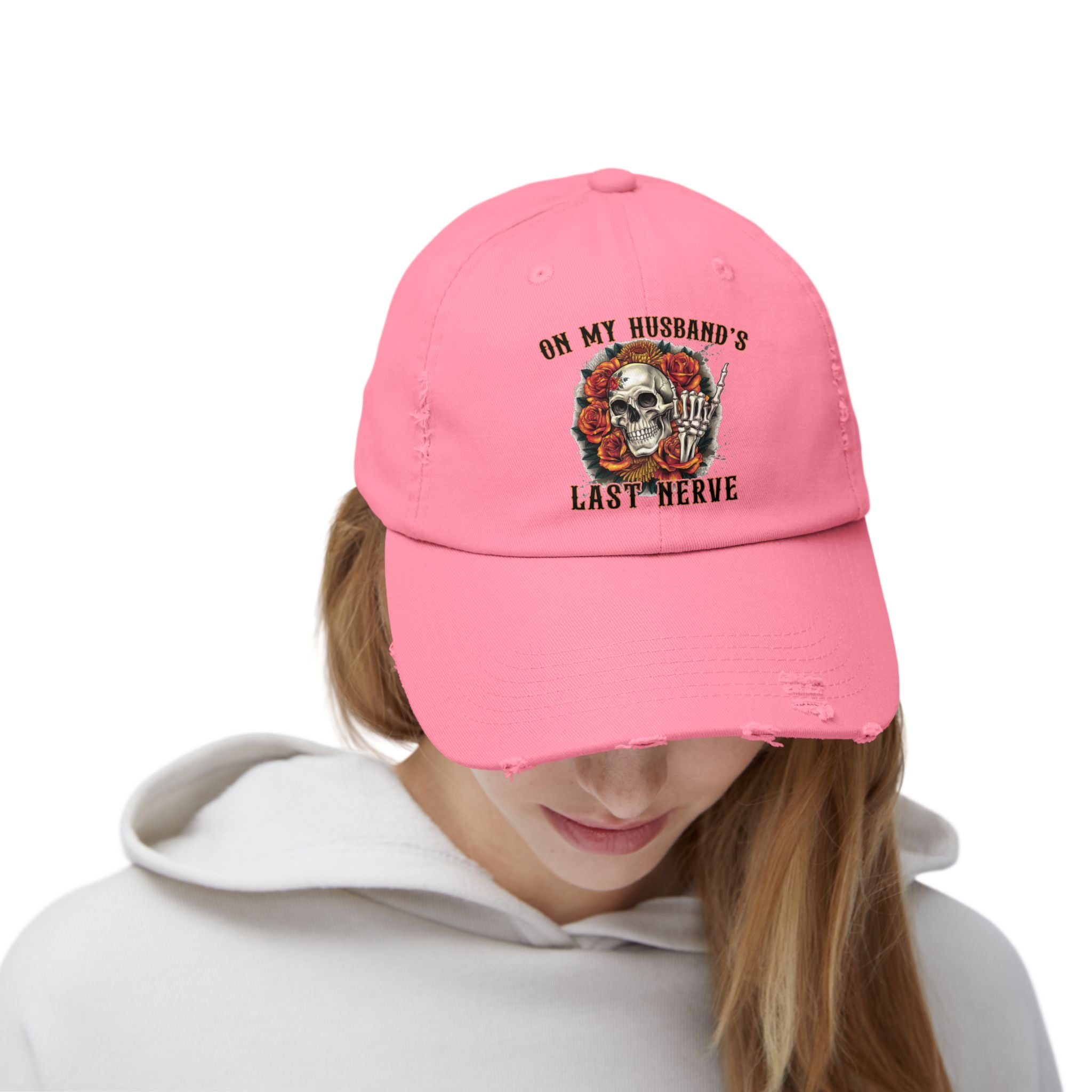 Distressed Cap — "On My Husband's Last Nerve" Skull & Roses Dad Hat, Funny Bachelorette/Mother’s Day Gift