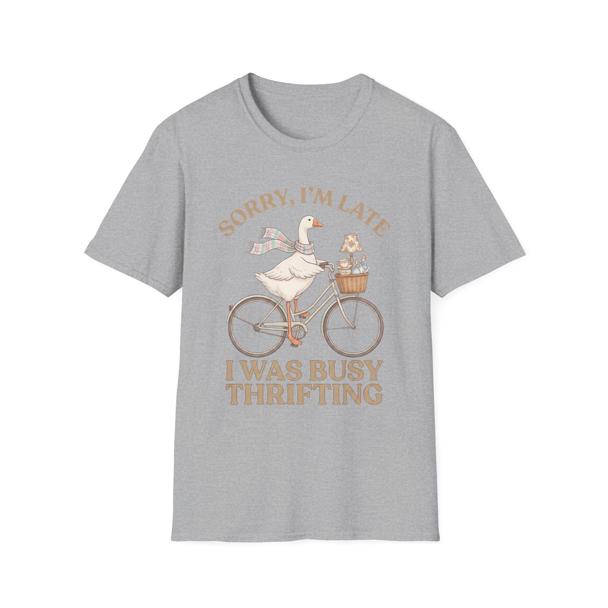 Thrifting Goose T‑Shirt — "Sorry I'm Late I Was Busy Thrifting" Vintage Bike Design