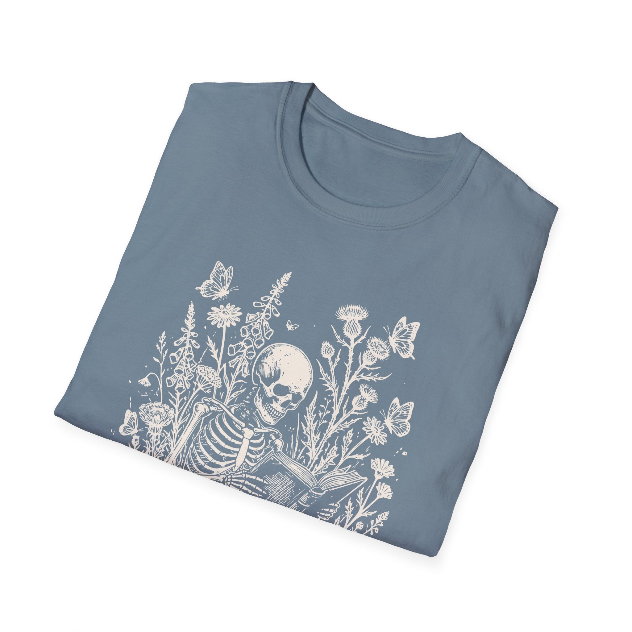 Skeleton Reading in Wildflowers T-Shirt — Gothic Floral Skull Tee