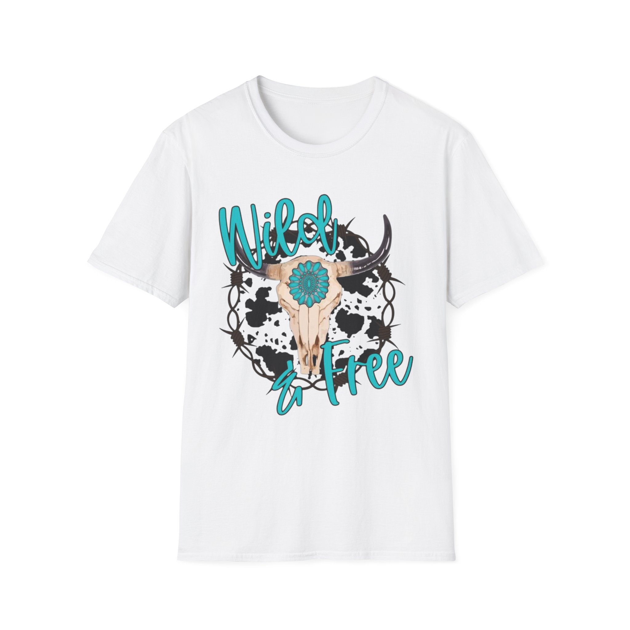 Wild & Free Cow Skull T-Shirt — Turquoise Boho Western Graphic Tee