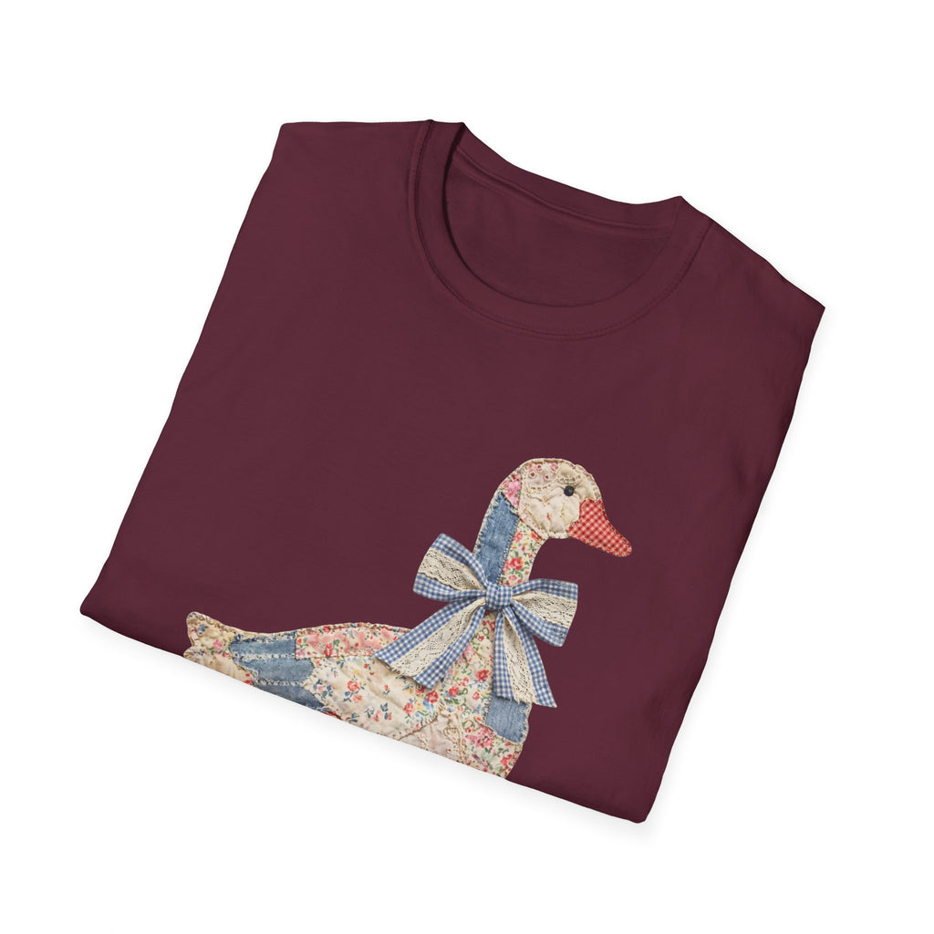 Vintage Patchwork Duck T-Shirt — Cute Floral Goose with Bow Tee