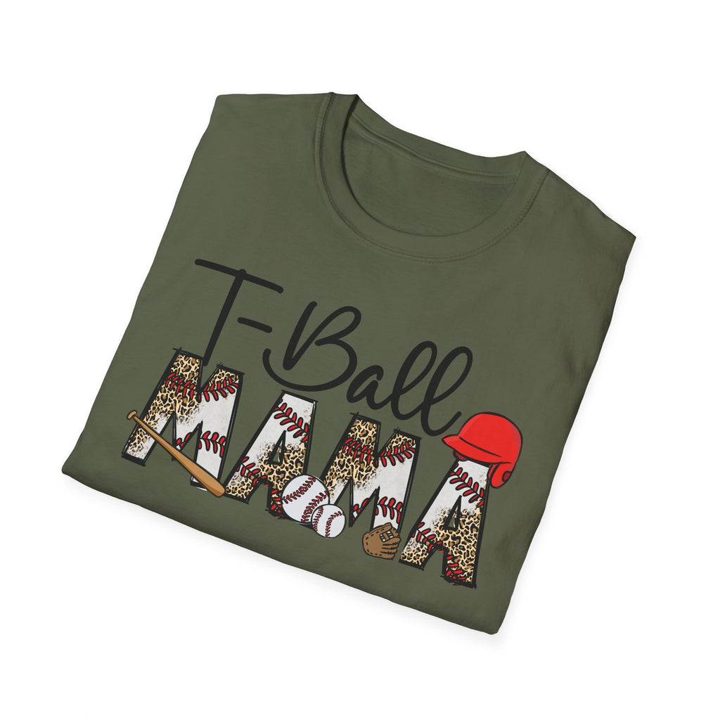 T‑Ball Mama T-Shirt — Leopard Print 'Mama' with Red Cap, Cute Sports Mom Tee