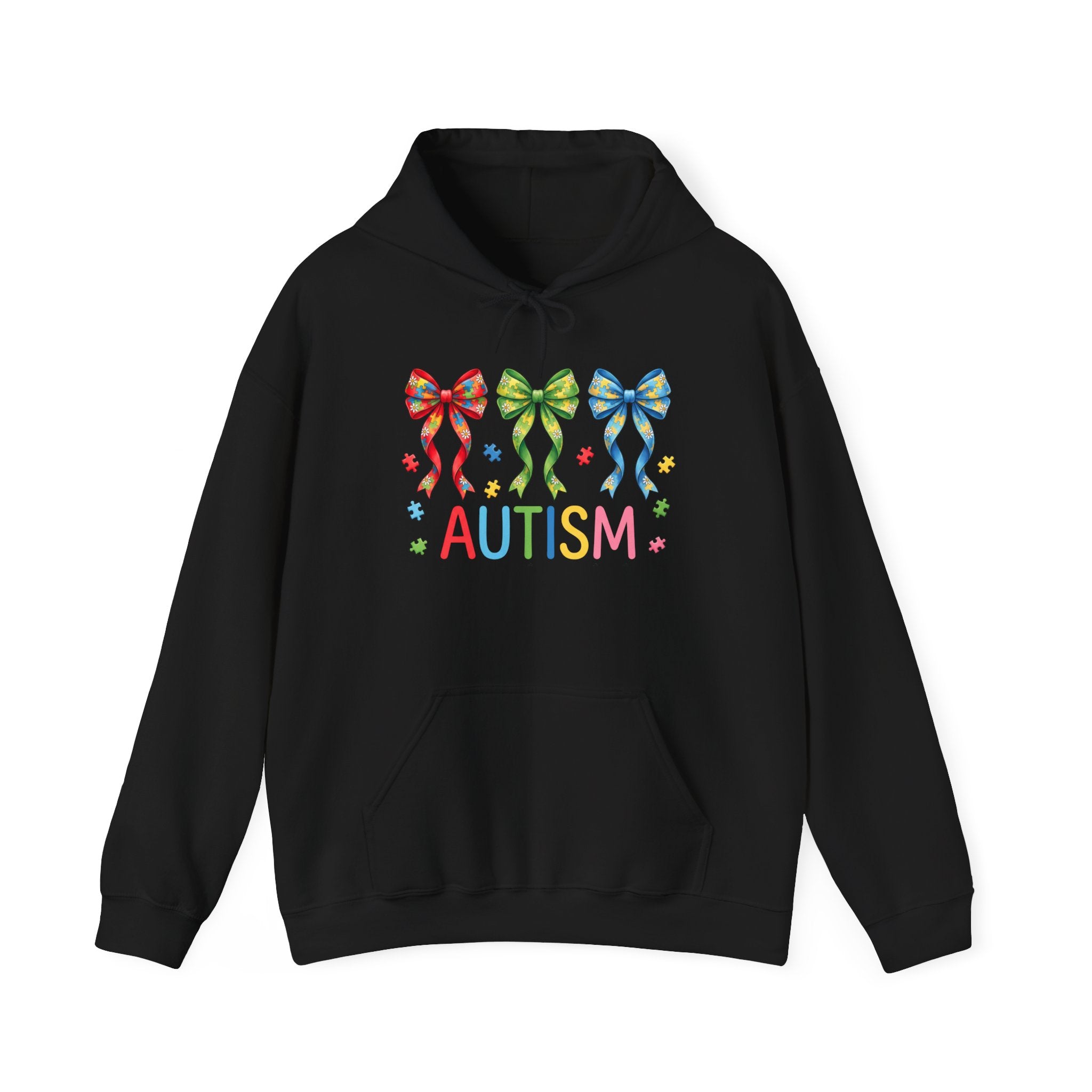 Autism Awareness Hoodie — Rainbow Puzzle Bows Design