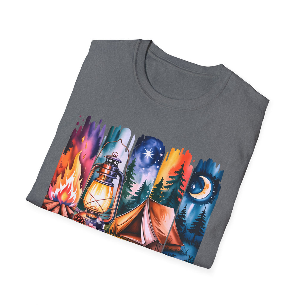 Camping Mode T-Shirt — Watercolor Campfire Lantern Tent Graphic Tee