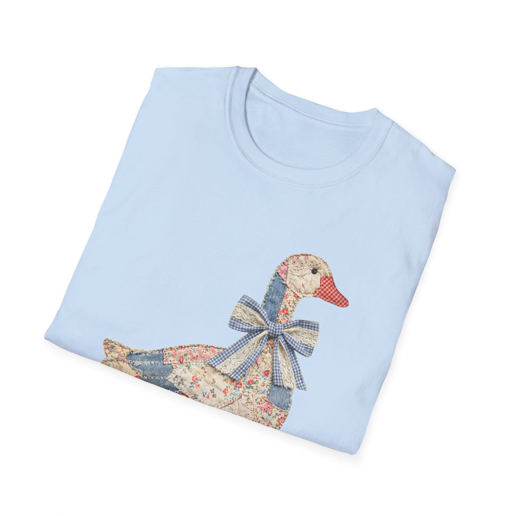 Vintage Patchwork Duck T-Shirt — Cute Floral Goose with Bow Tee