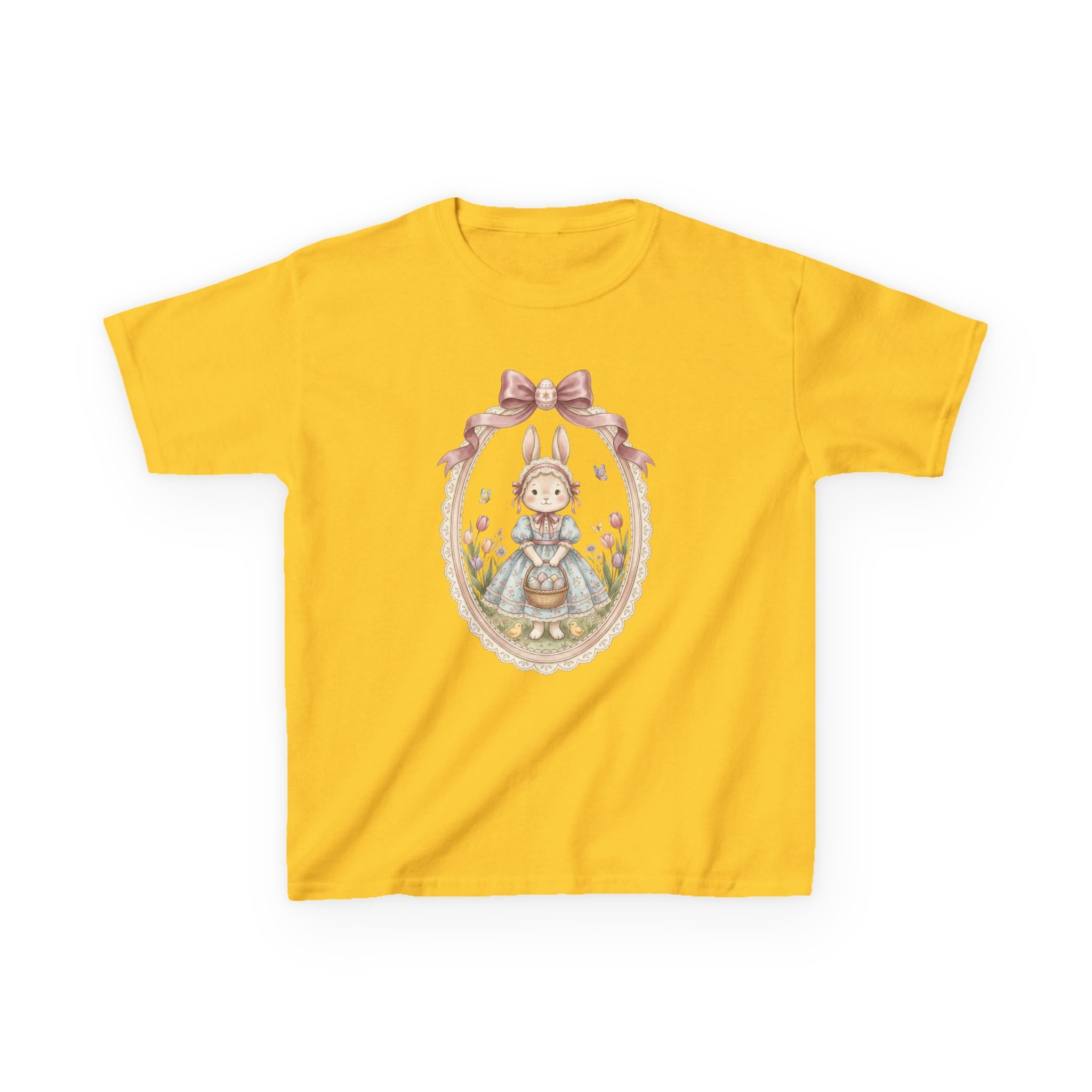 Kids T-Shirt — Vintage Bunny Girl Oval Portrait Tee (Pastel Floral, Bow Accent)