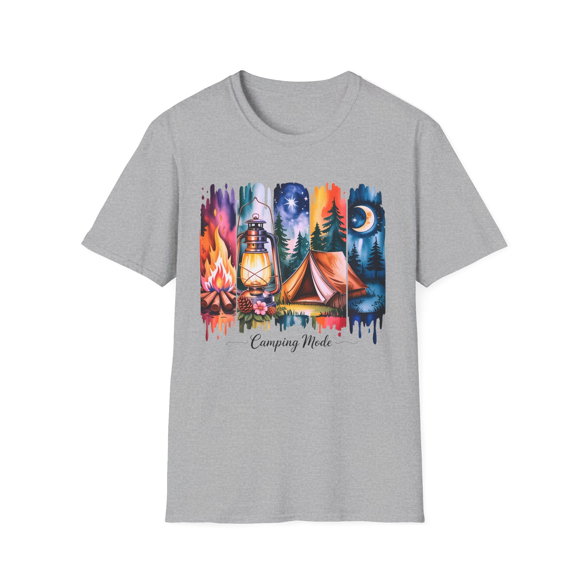 Camping Mode T-Shirt — Watercolor Campfire Lantern Tent Graphic Tee