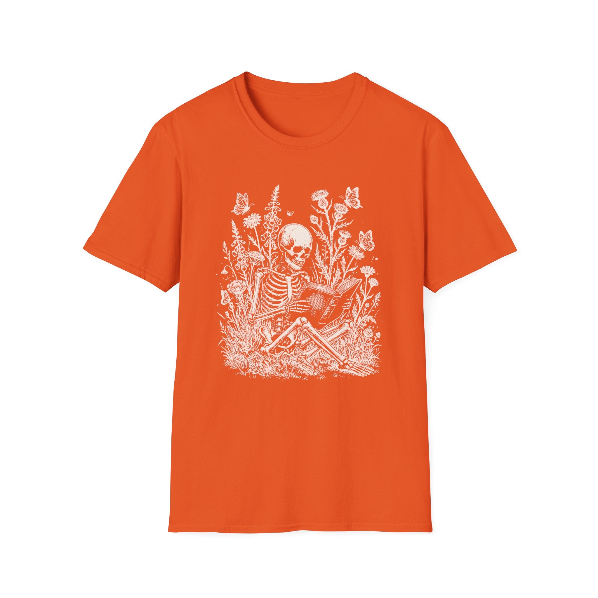 Skeleton Reading in Wildflowers T-Shirt — Gothic Floral Skull Tee