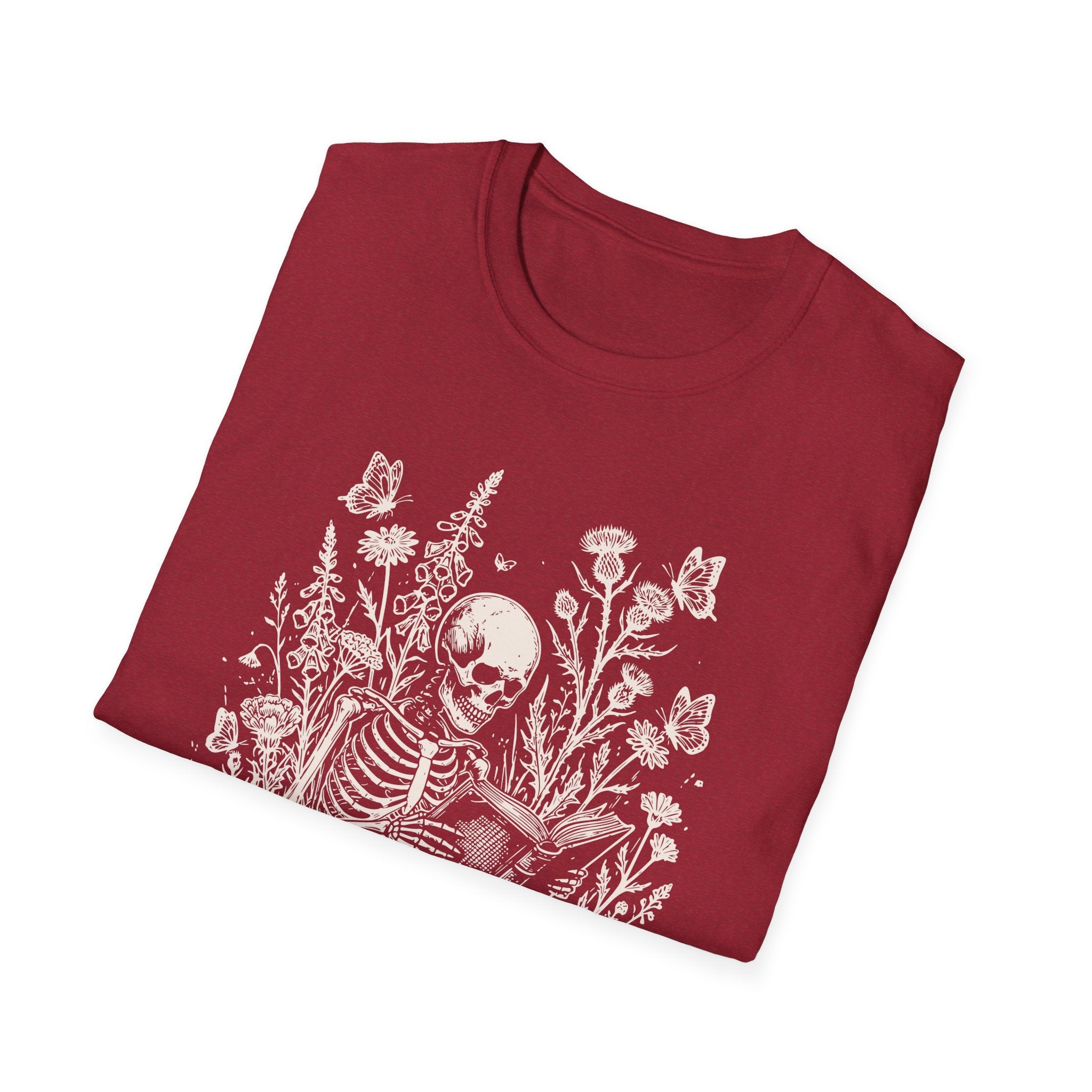 Skeleton Reading in Wildflowers T-Shirt — Gothic Floral Skull Tee