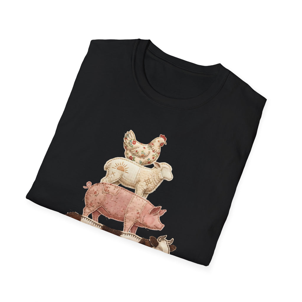 Farm Animal Stack T-Shirt — Vintage Cow, Pig, Sheep & Chicken Graphic Tee