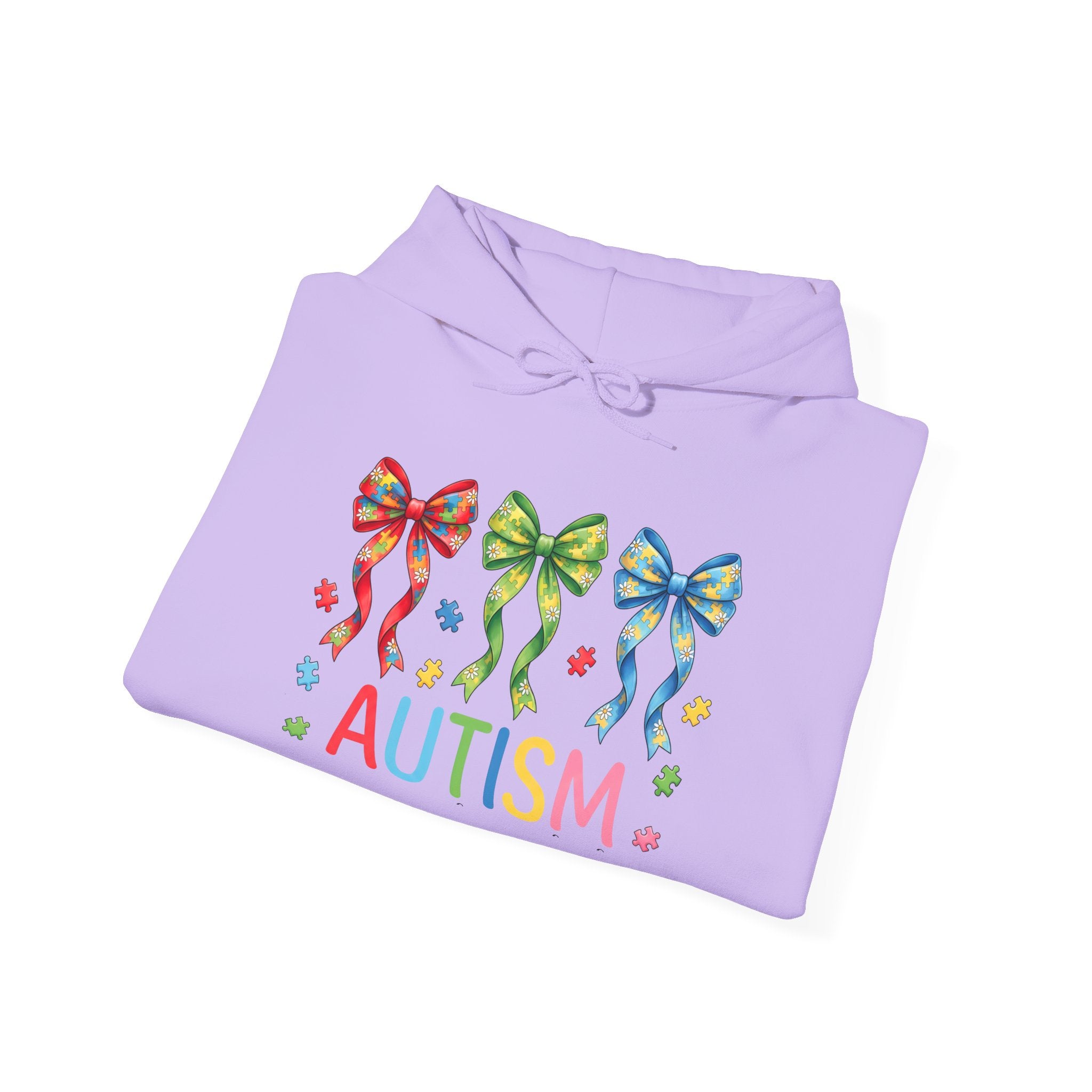 Autism Awareness Hoodie — Rainbow Puzzle Bows Design