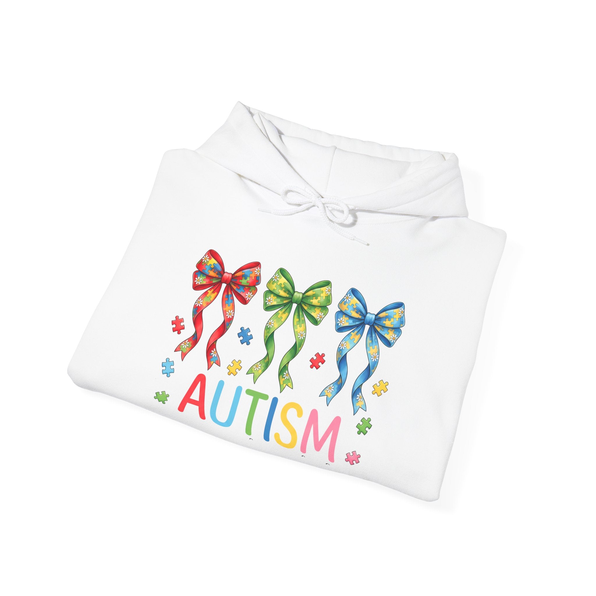 Autism Awareness Hoodie — Rainbow Puzzle Bows Design