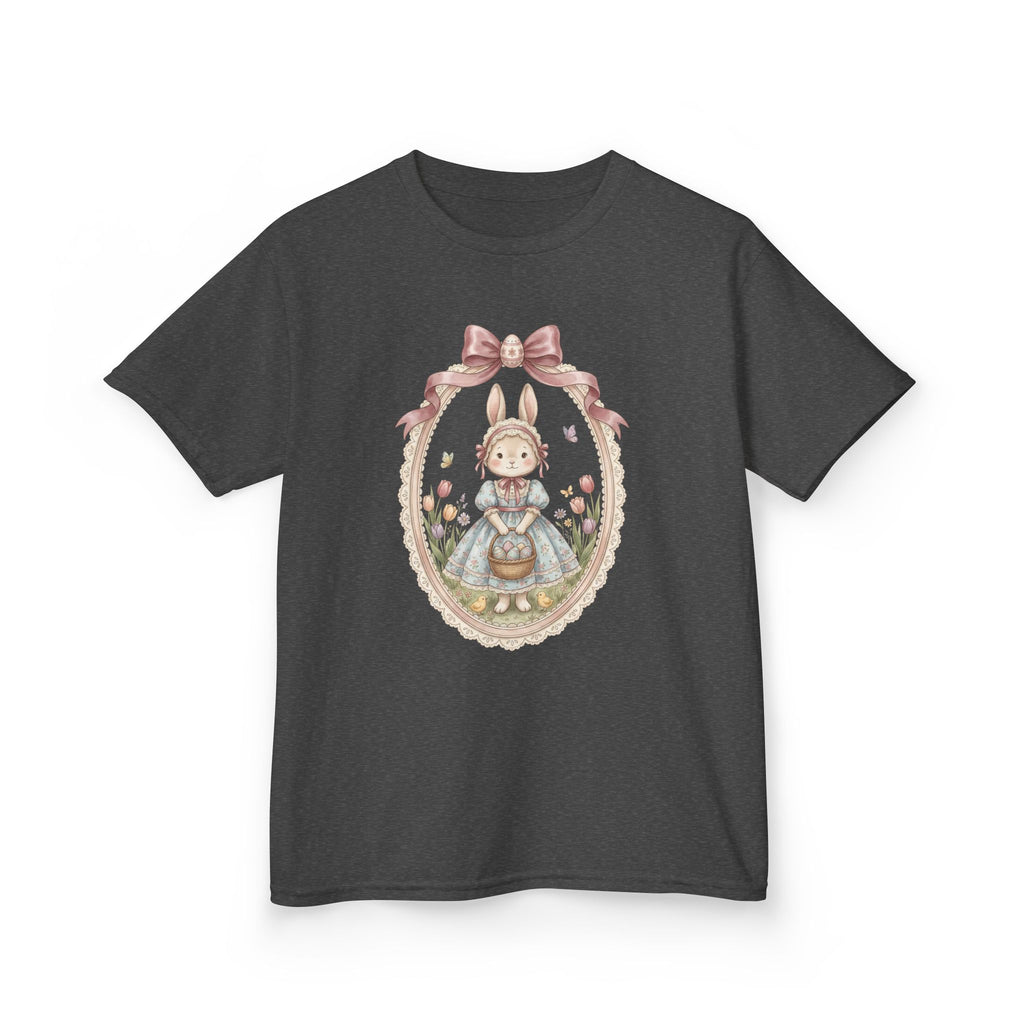 Kids T-Shirt — Vintage Bunny Girl Oval Portrait Tee (Pastel Floral, Bow Accent)
