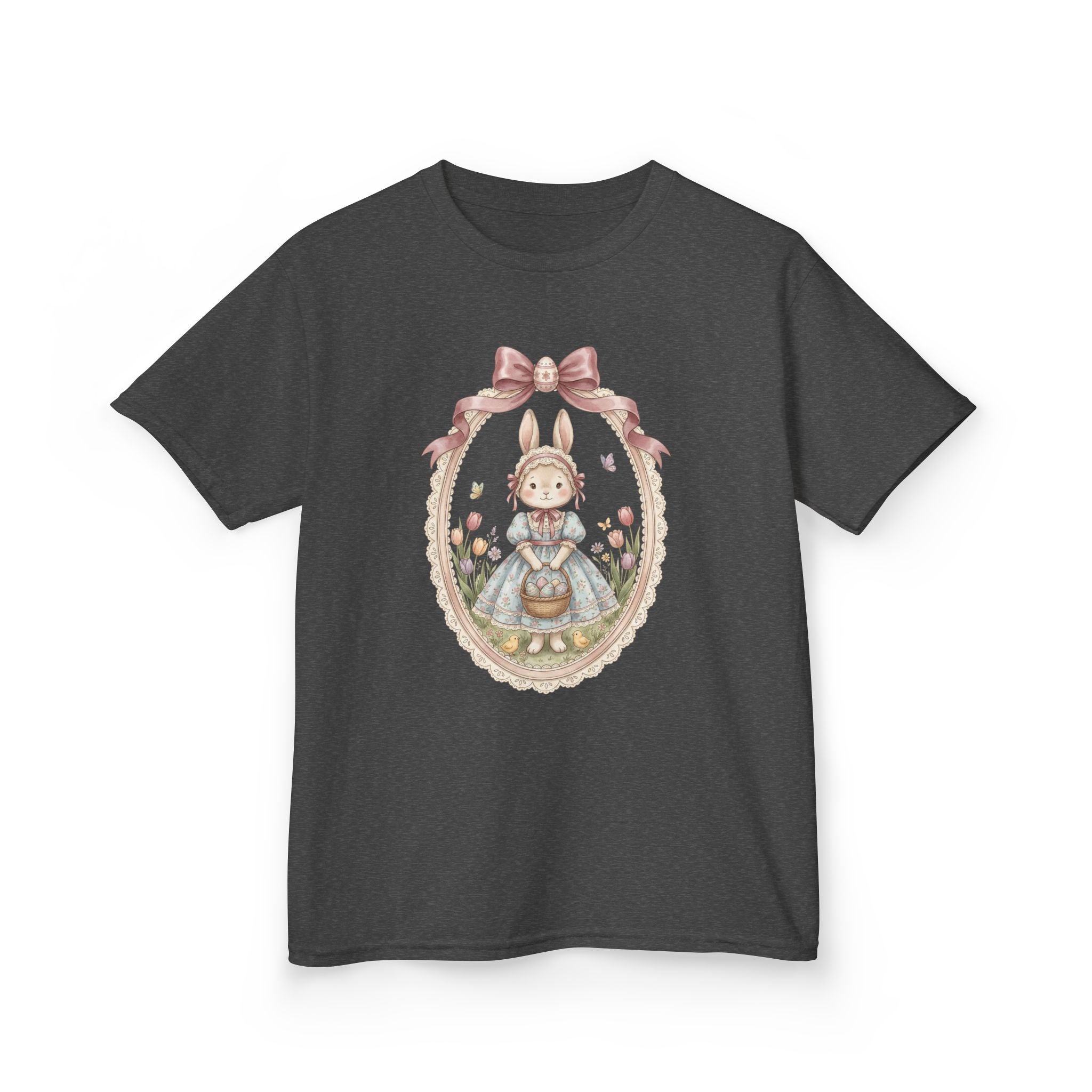 Kids T-Shirt — Vintage Bunny Girl Oval Portrait Tee (Pastel Floral, Bow Accent)