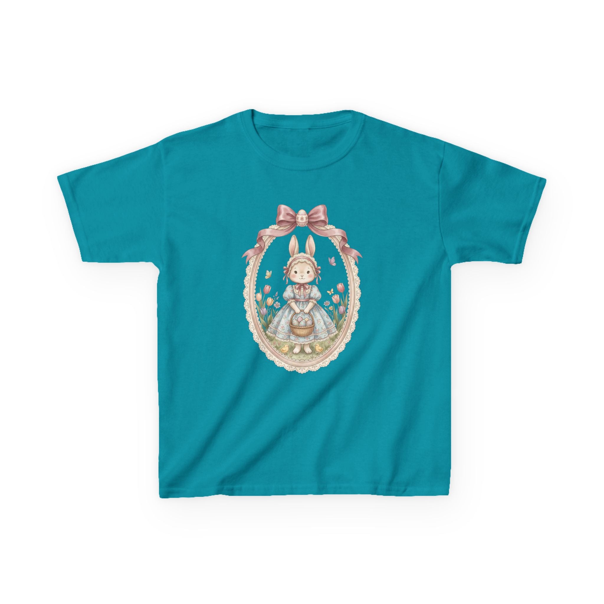 Kids T-Shirt — Vintage Bunny Girl Oval Portrait Tee (Pastel Floral, Bow Accent)