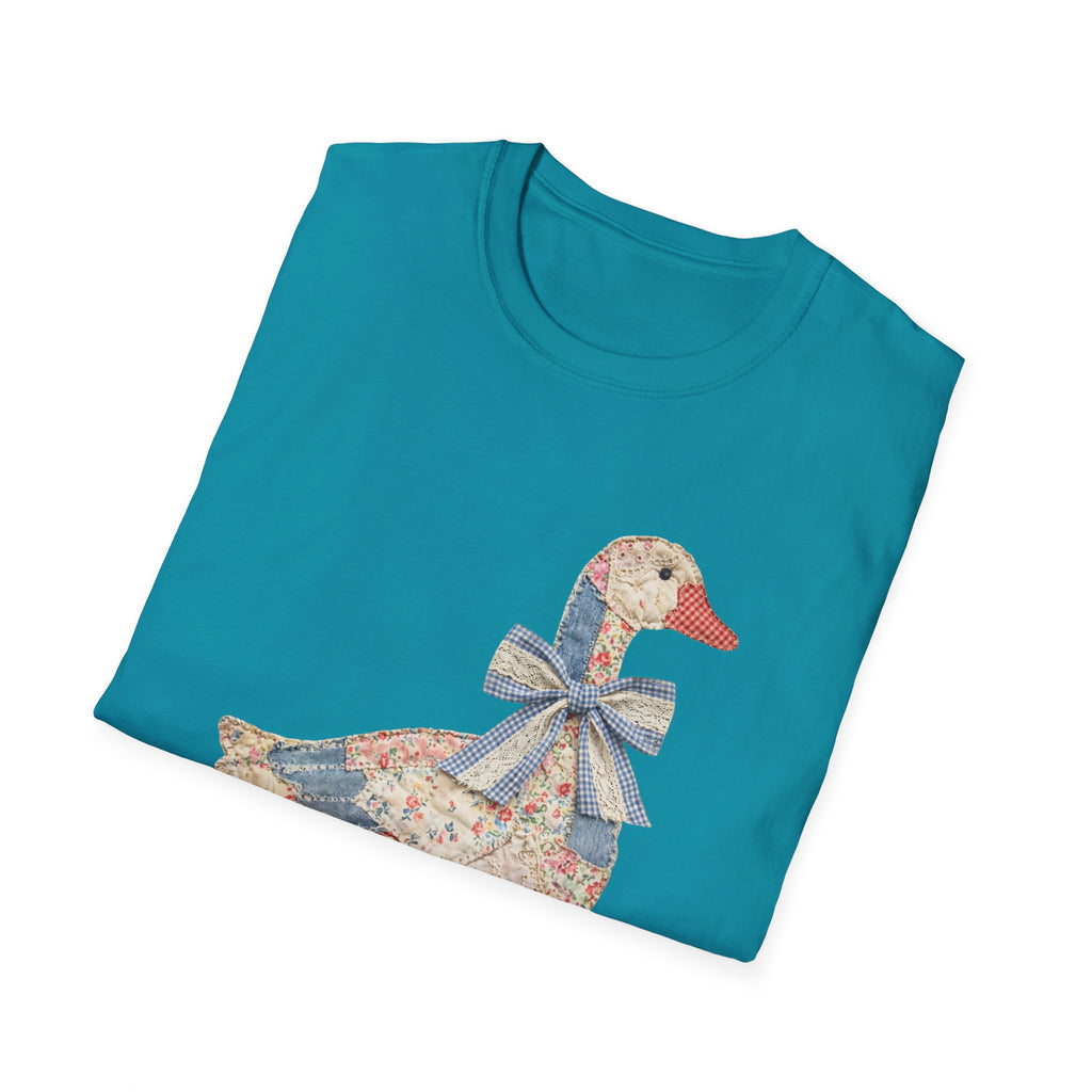 Vintage Patchwork Duck T-Shirt — Cute Floral Goose with Bow Tee