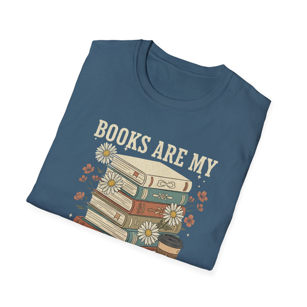 Books Are My Therapy T-Shirt — Stack of Books & Coffee Literary Tee