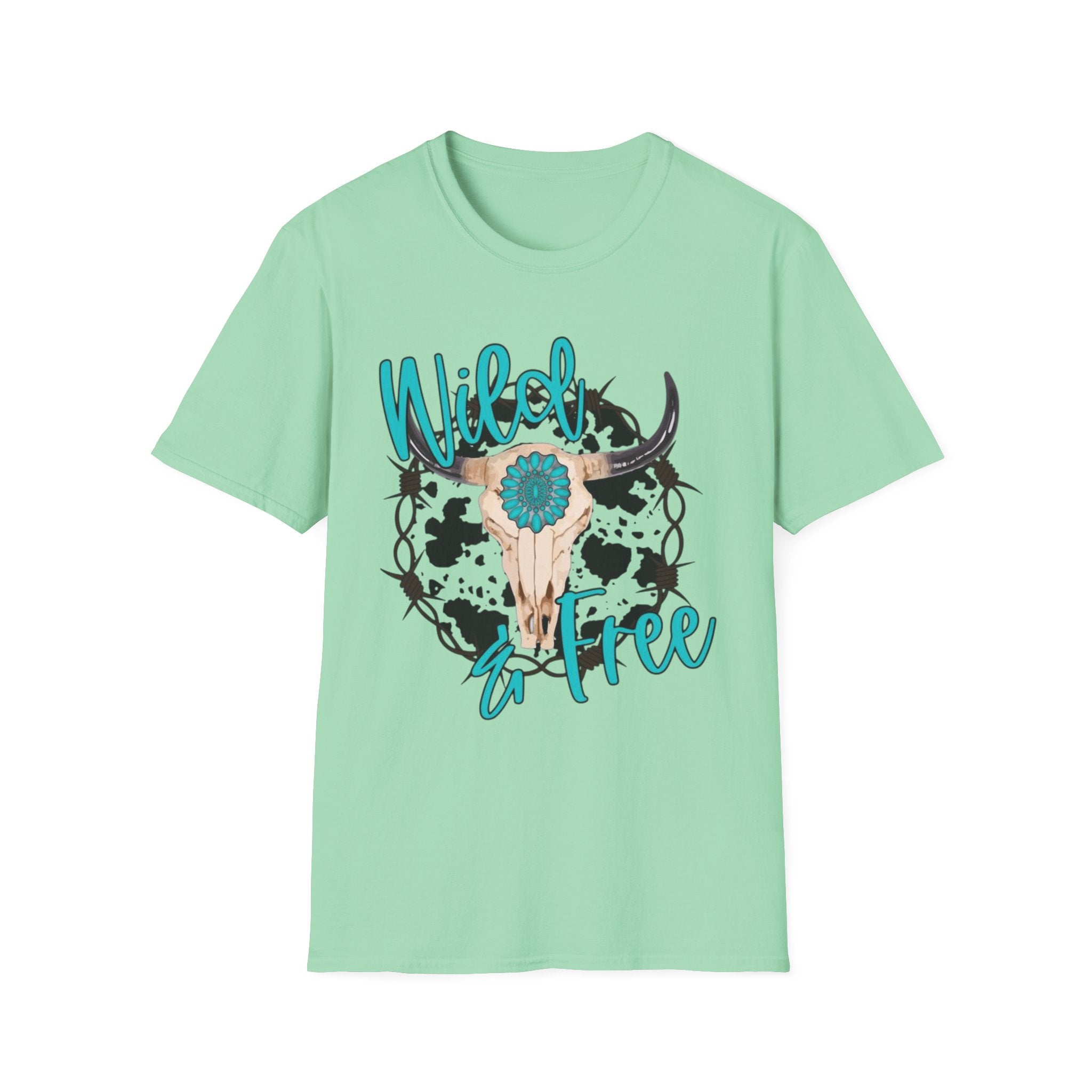 Wild & Free Cow Skull T-Shirt — Turquoise Boho Western Graphic Tee