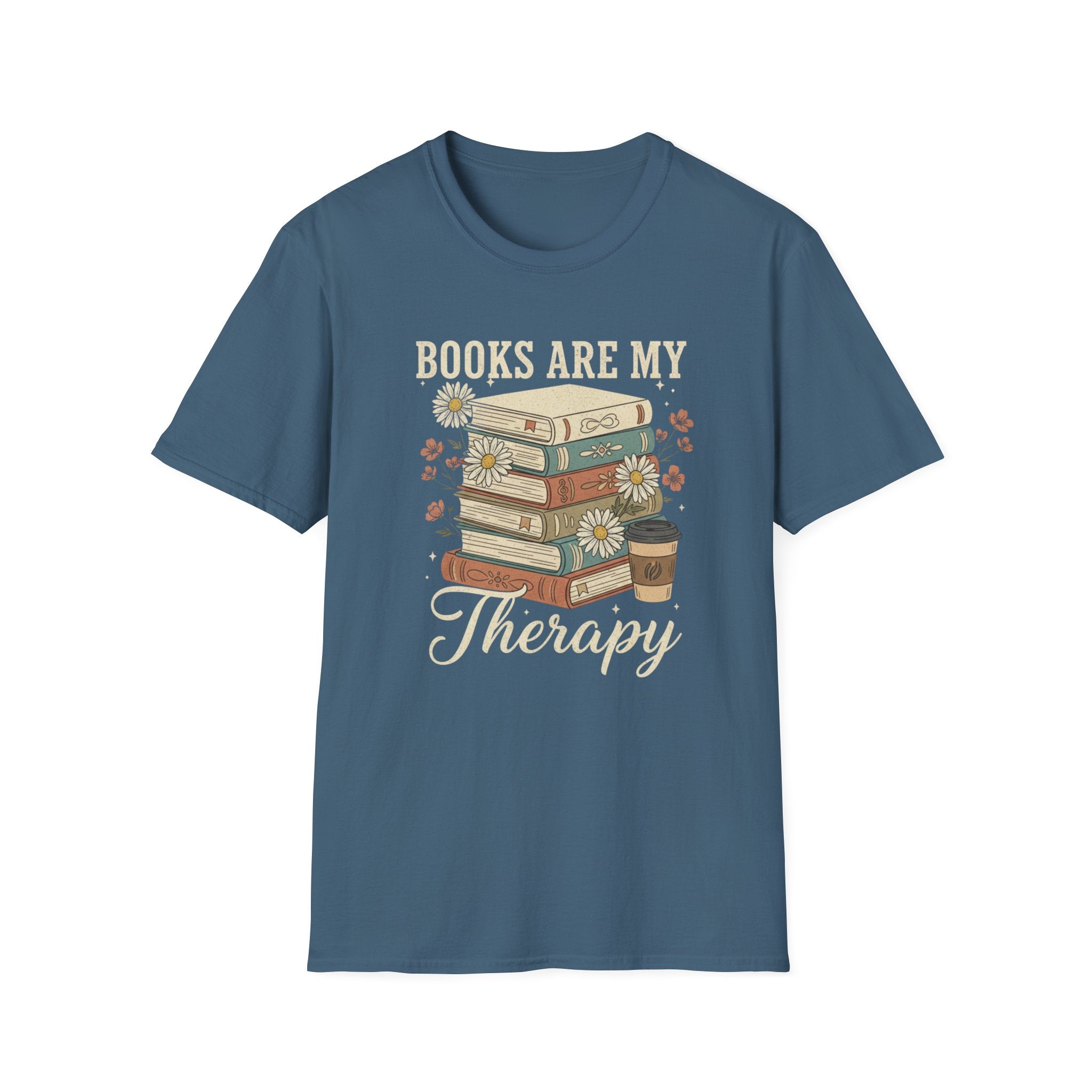 Books Are My Therapy T-Shirt — Stack of Books & Coffee Literary Tee