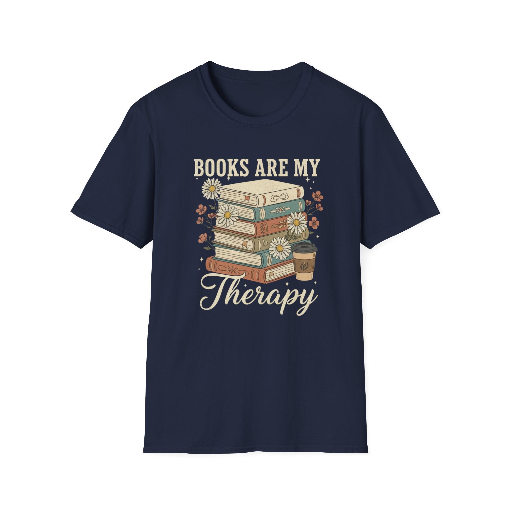 Books Are My Therapy T-Shirt — Stack of Books & Coffee Literary Tee