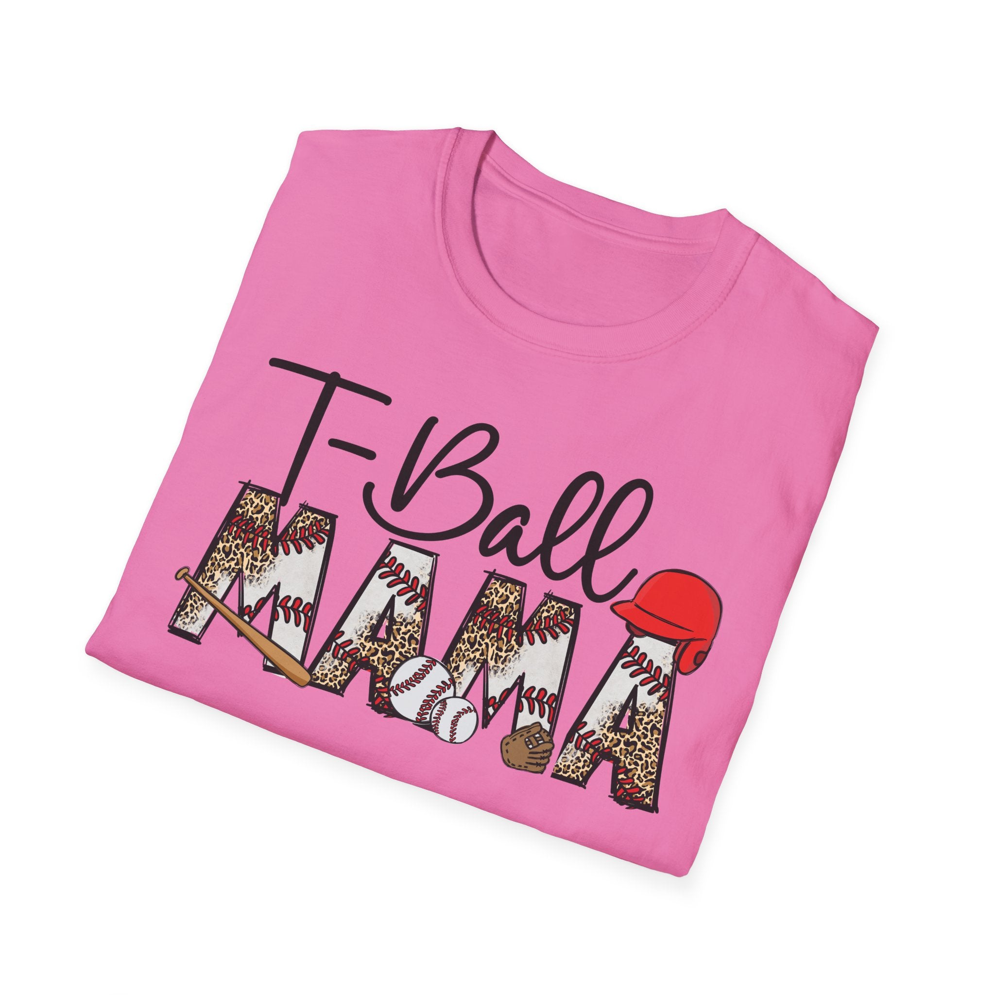 T‑Ball Mama T-Shirt — Leopard Print 'Mama' with Red Cap, Cute Sports Mom Tee