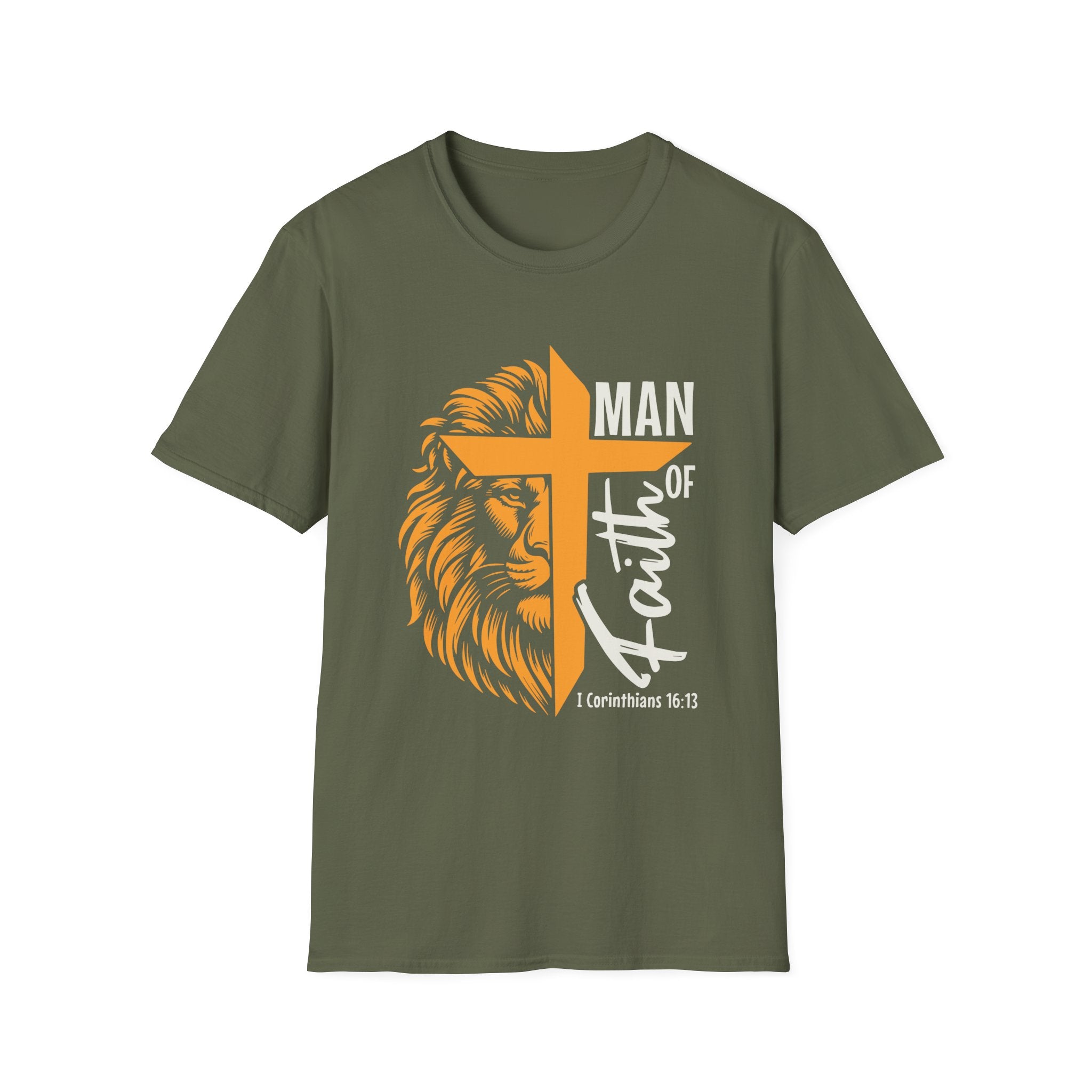 Man of Faith T-Shirt — Lion & Cross Christian Tee (1 Corinthians 16:13)