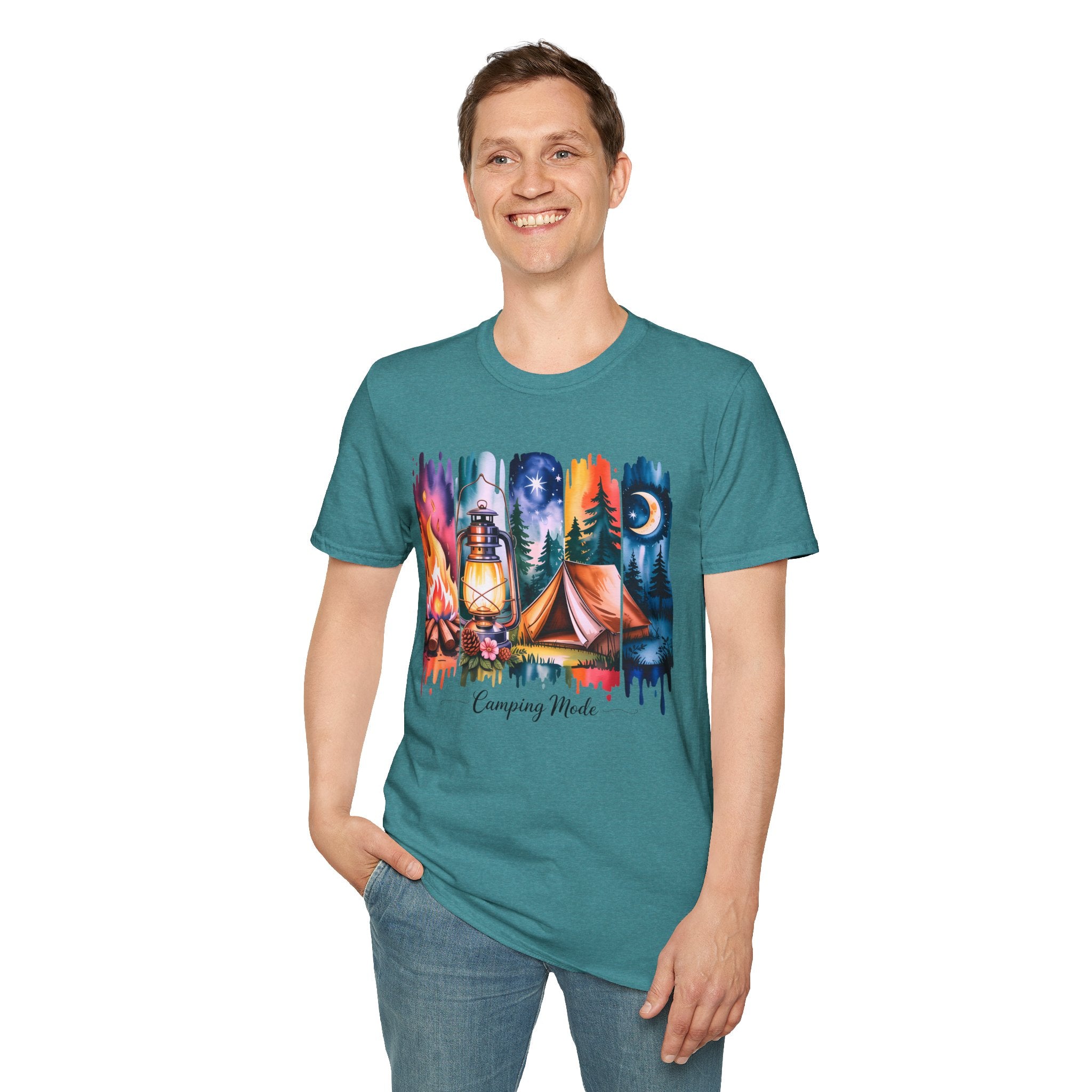Camping Mode T-Shirt — Watercolor Campfire Lantern Tent Graphic Tee