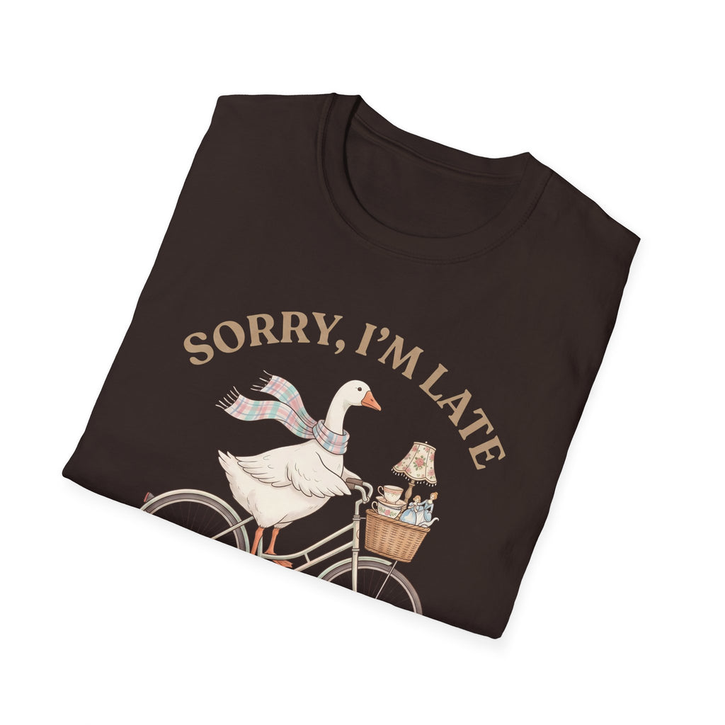 Thrifting Goose T‑Shirt — "Sorry I'm Late I Was Busy Thrifting" Vintage Bike Design