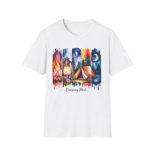 Camping Mode T-Shirt — Watercolor Campfire Lantern Tent Graphic Tee
