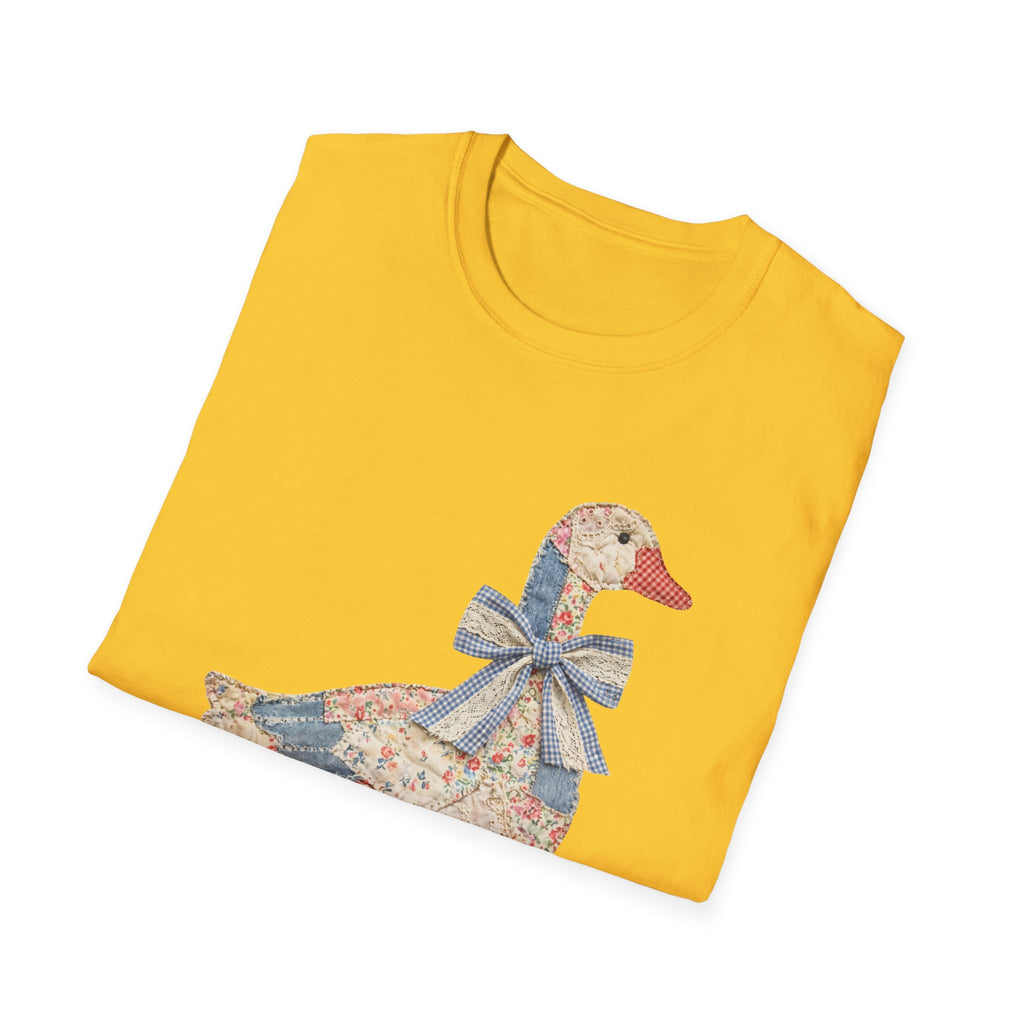 Vintage Patchwork Duck T-Shirt — Cute Floral Goose with Bow Tee